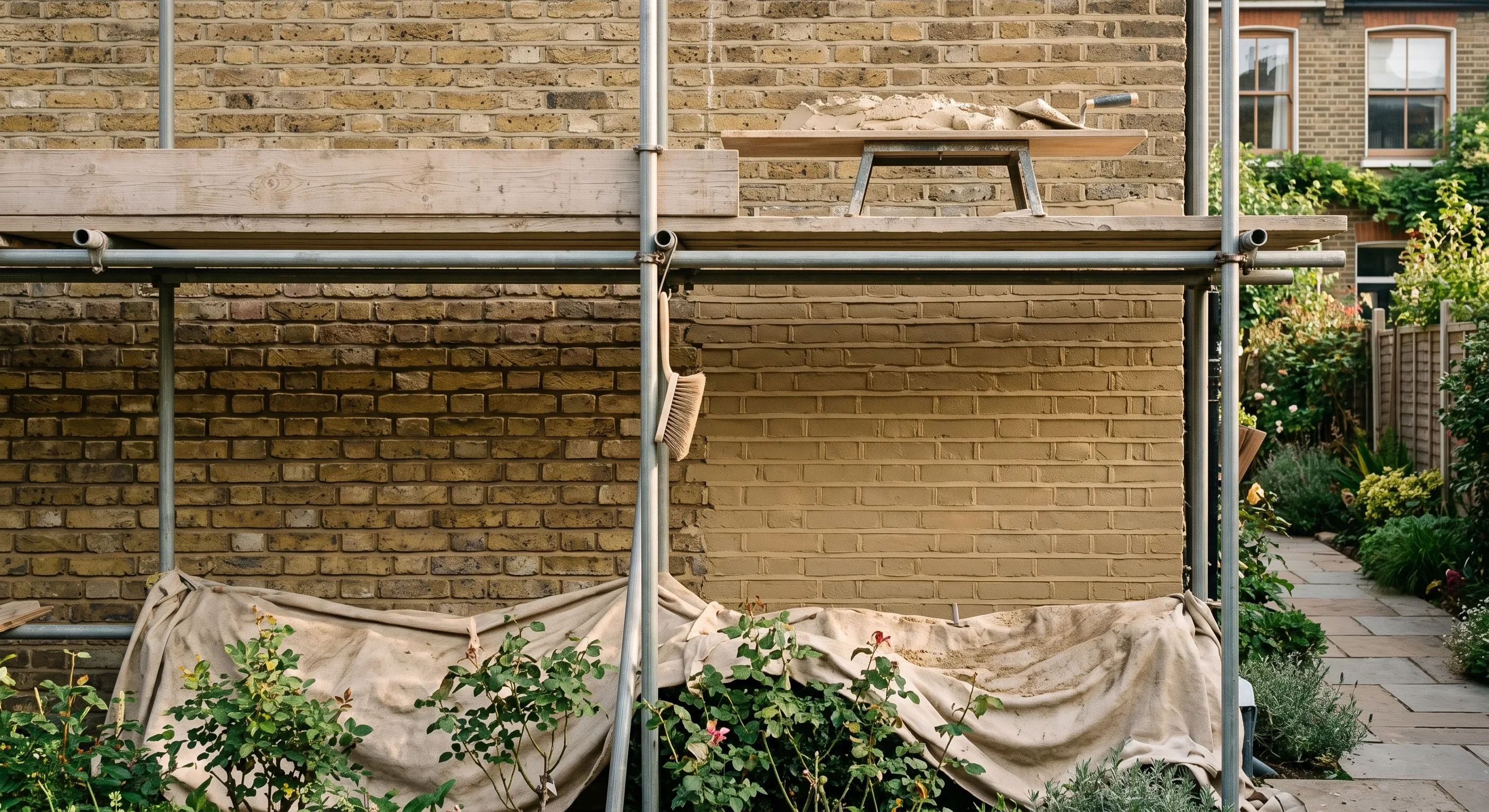 One half of a brick side elevation is raked out and brushed clean while the other half is freshly pointed, with a spot board of lime mortar and tools alongside.