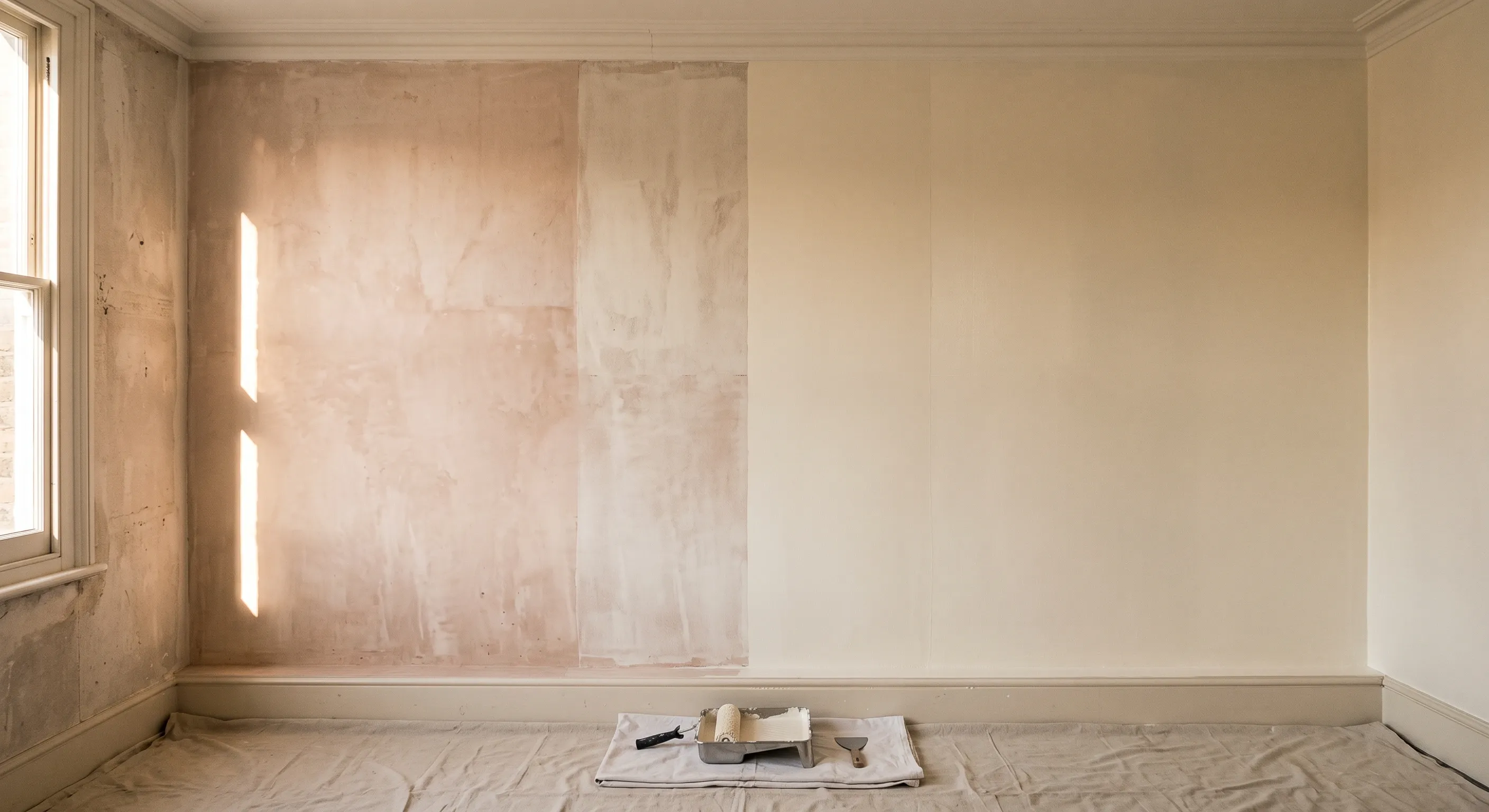 A wall showing bare plaster, a mist coat, one coat and two coats of paint in clean vertical bands side by side.