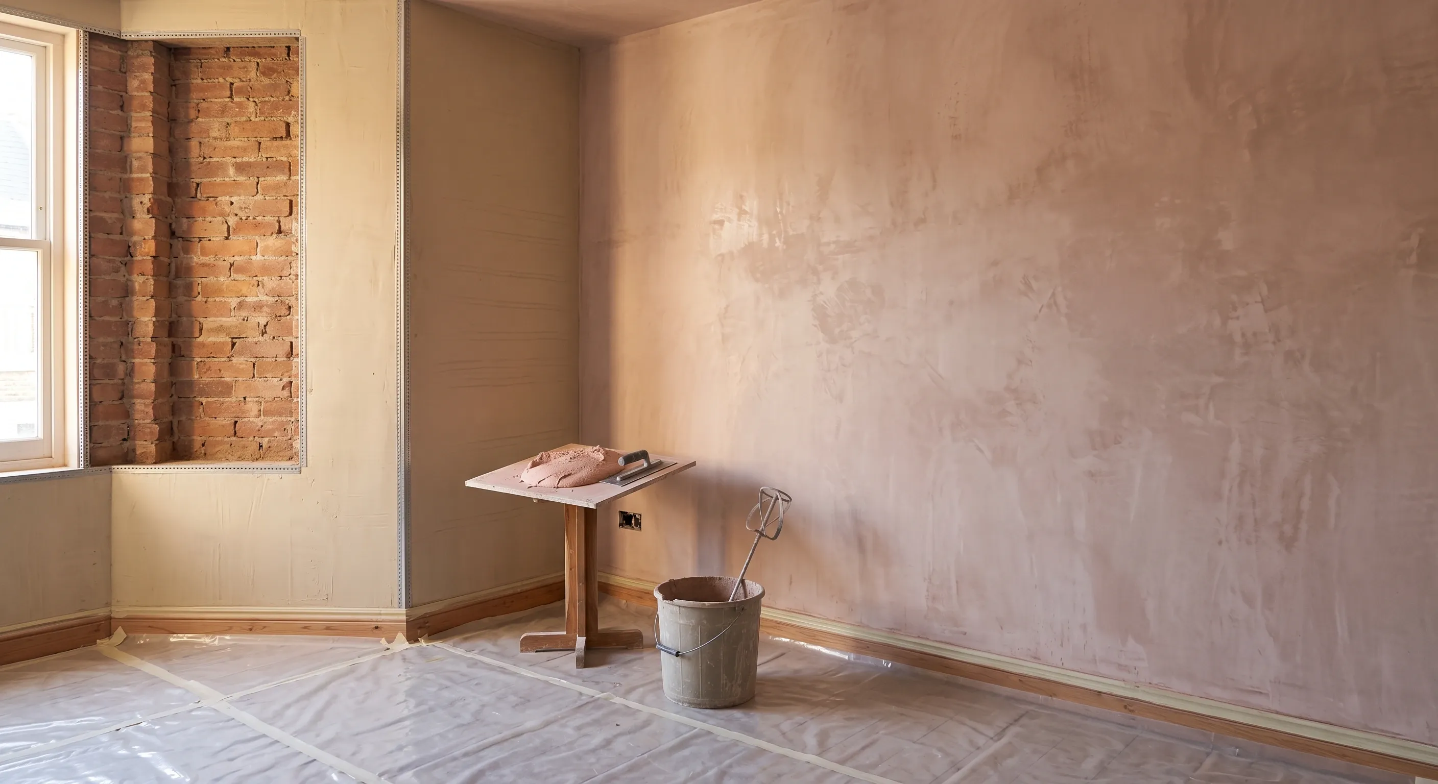 A freshly skimmed wall drying unevenly next to a floated and ruled coat and a bay of exposed brick, with a spot board and protected floor.