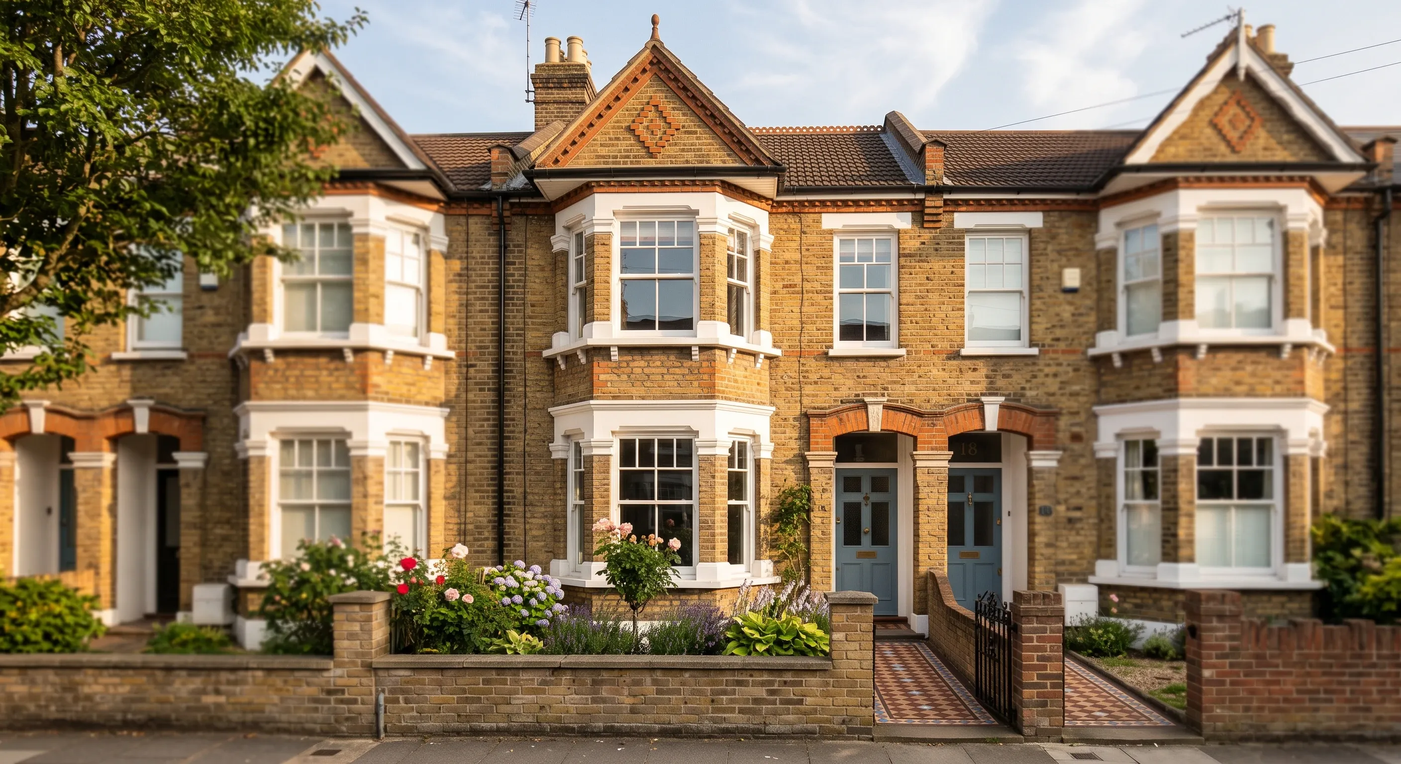 A brick Victorian terraced house with a bay window and decorative gable.