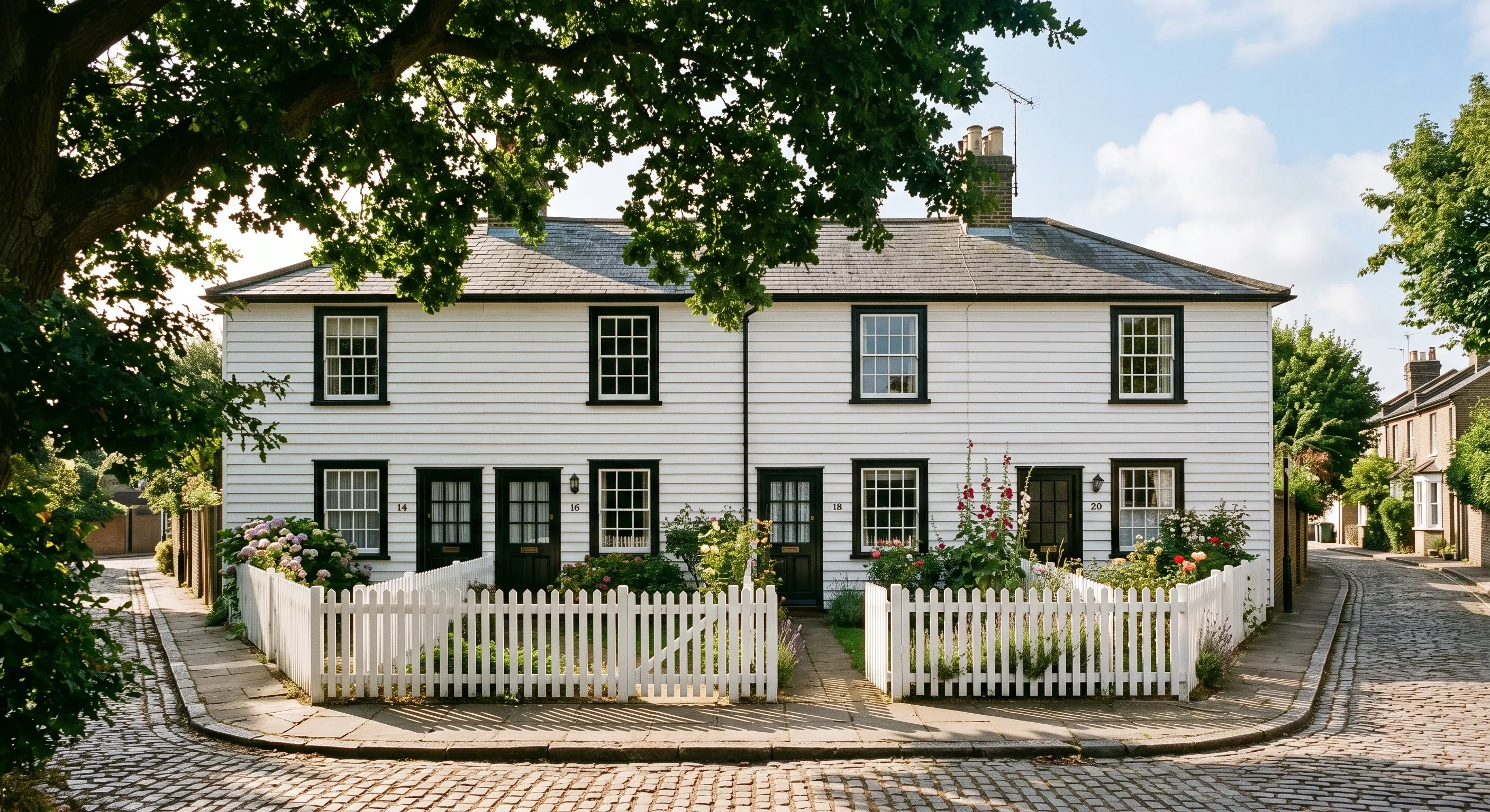 A row of weatherboarded cottages on a quiet lane in Walthamstow Village.