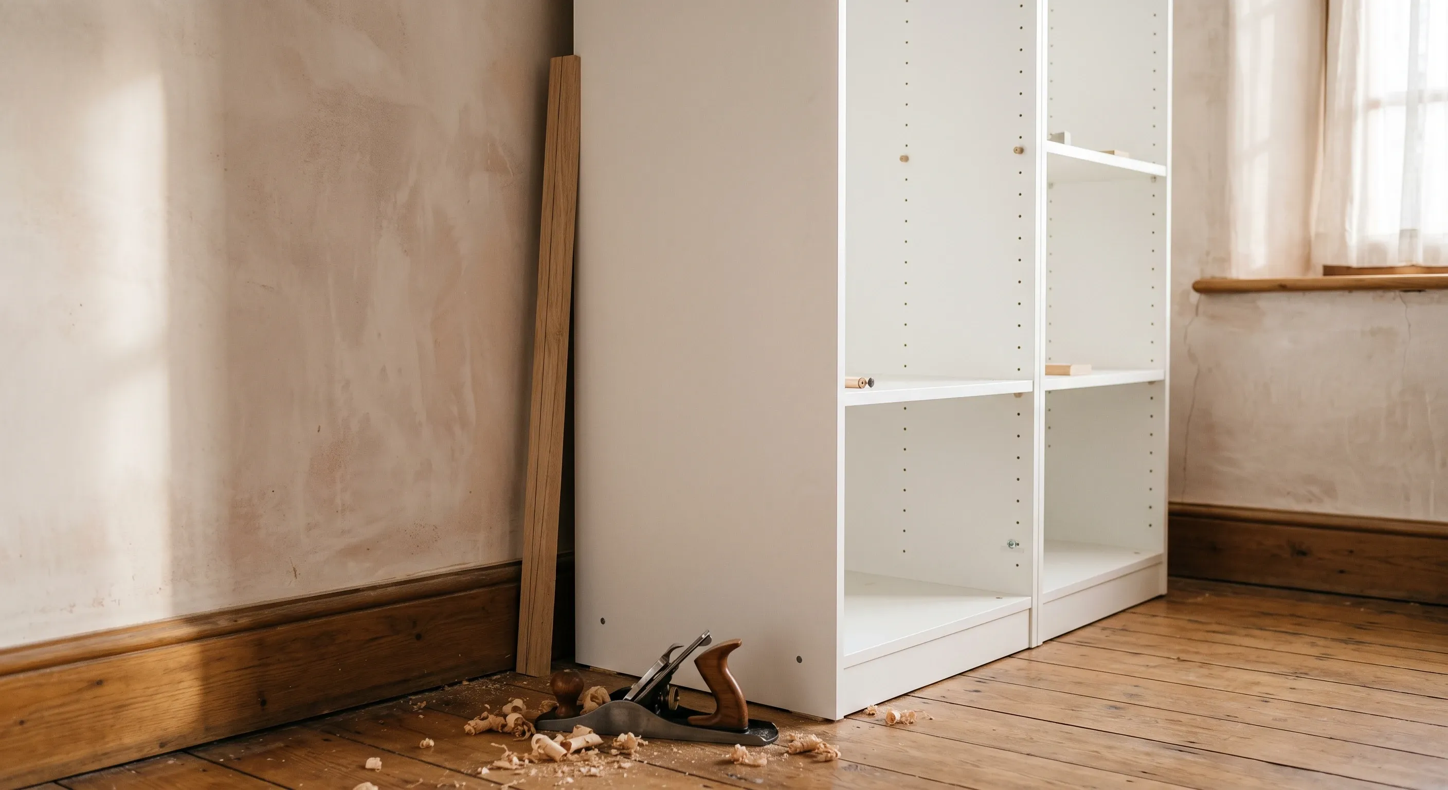 A modular wardrobe carcass standing against an uneven wall, with a timber scribe fillet cut to close the tapering gap.