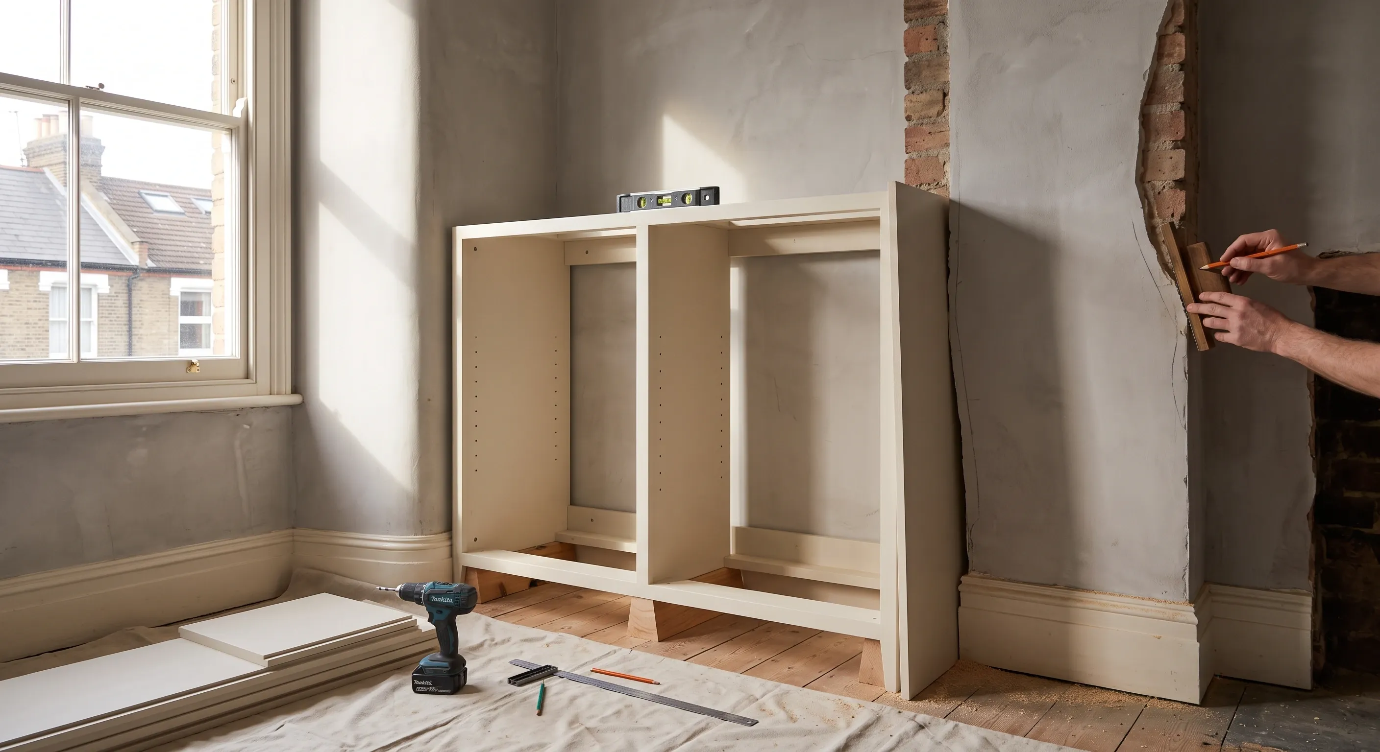 A wardrobe end panel being scribed to a bowed plaster wall in a bedroom alcove, with the levelled carcass on packers behind it.