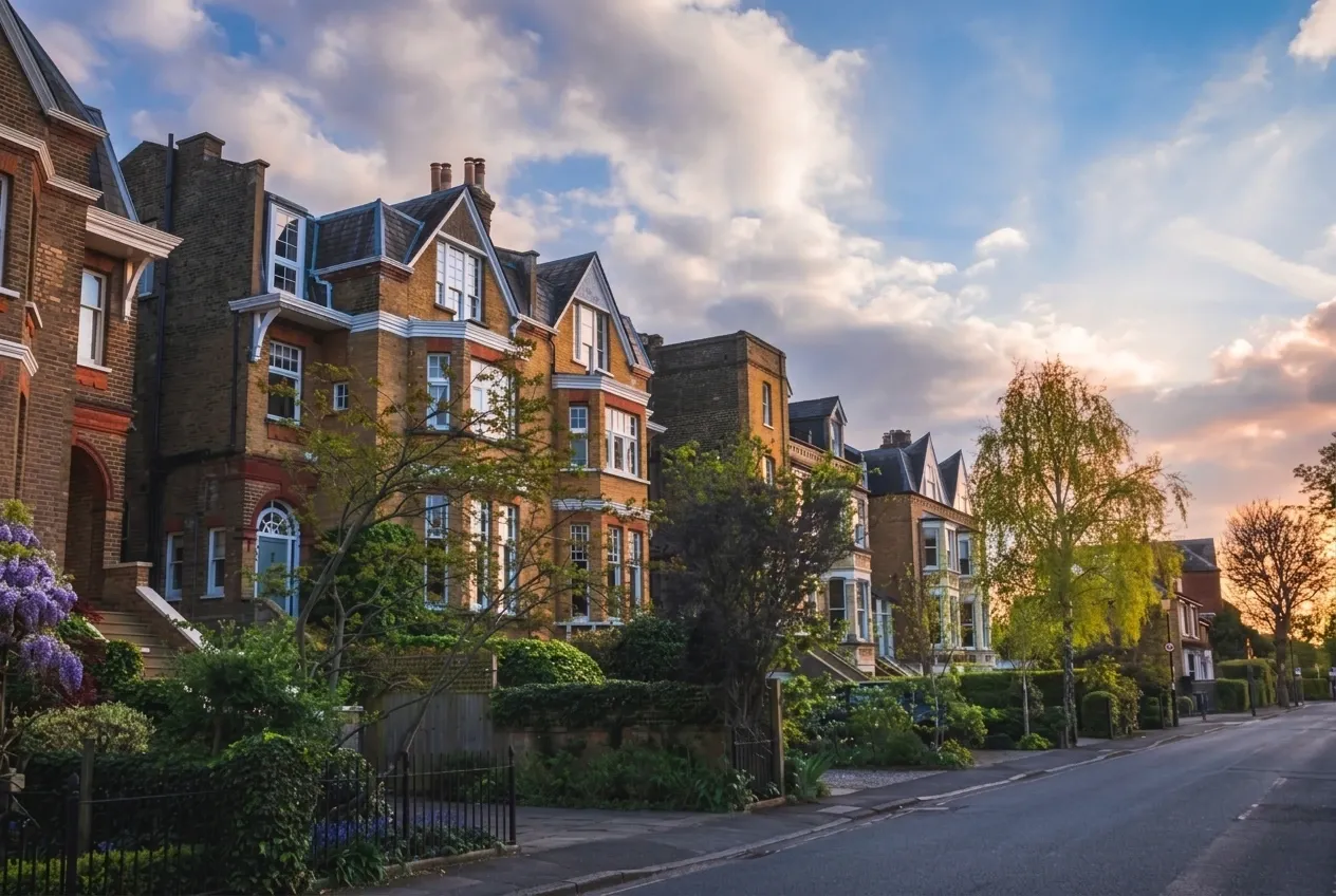 A row of large Victorian brick villas with bay windows and gables on a residential street in Wimbledon, with wisteria in the foreground and evening light on the trees.