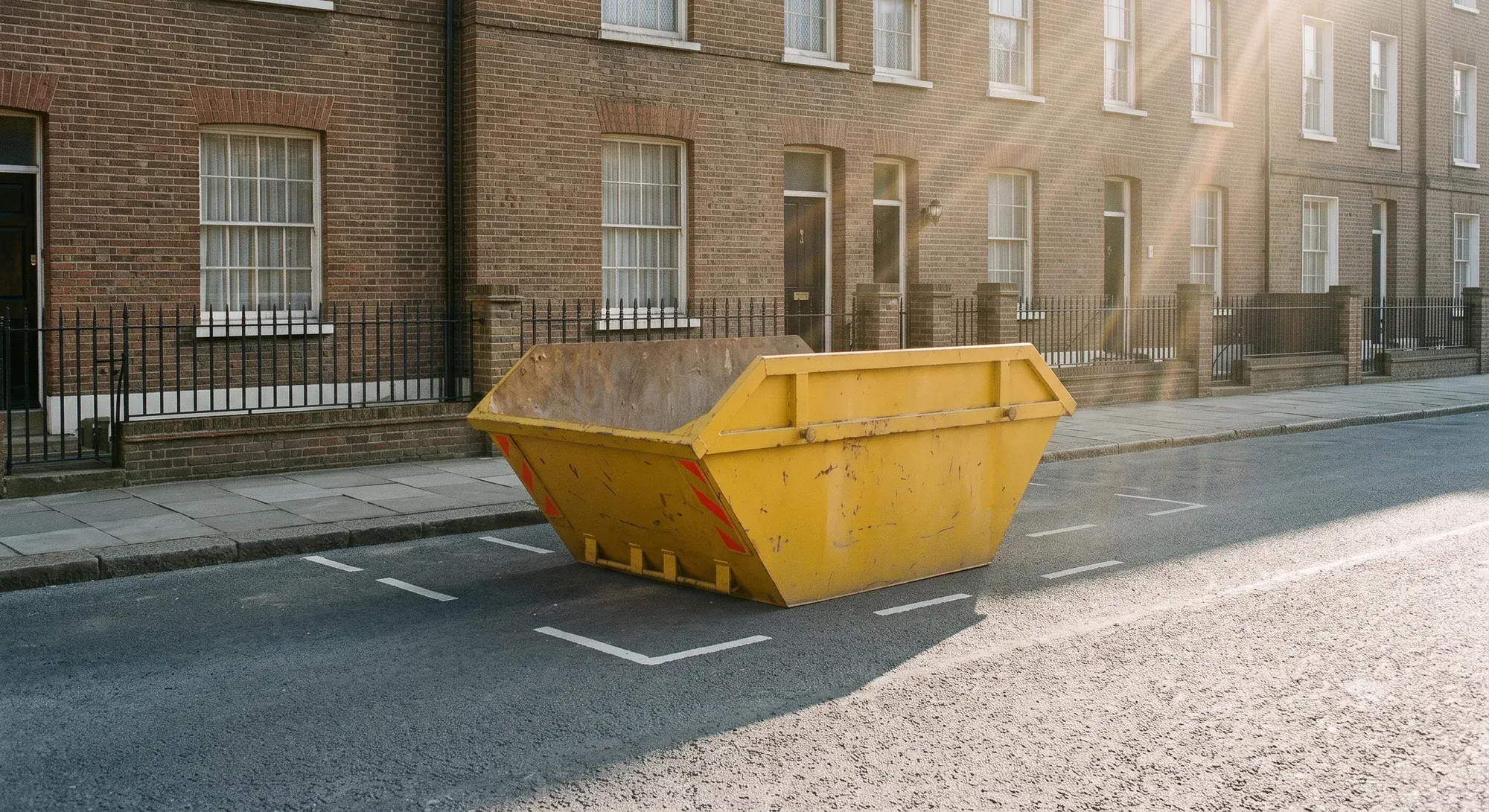 A yellow builder's skip standing in a suspended parking bay on a London terraced street