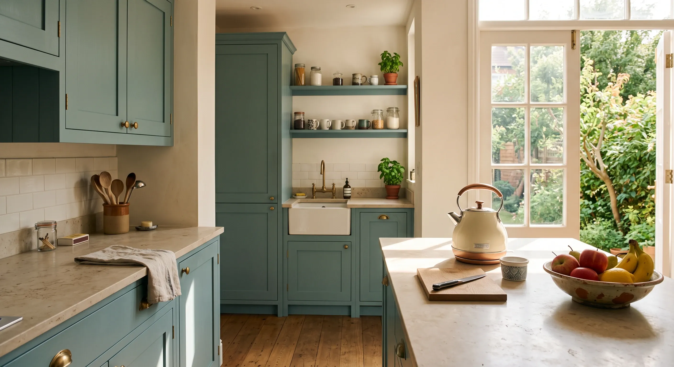 A finished kitchen in a London home with afternoon light across the worktop.