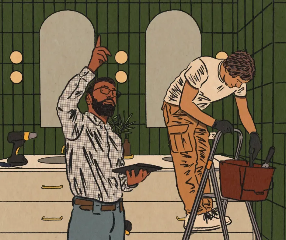 Tatyana Alanis illustration builders in green bathroom