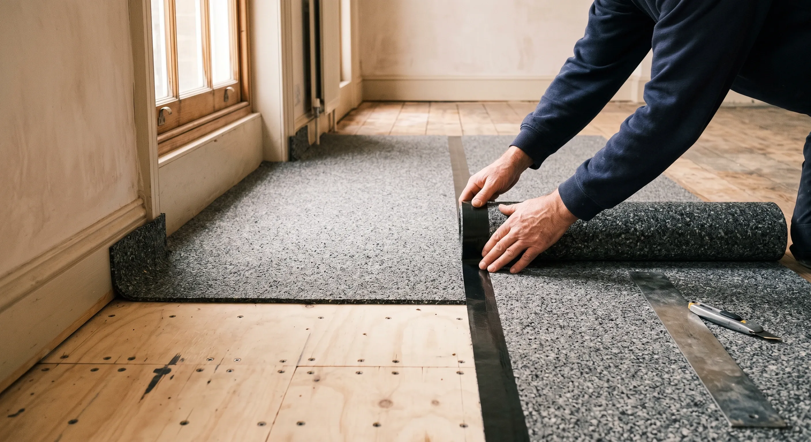 Acoustic underlay part rolled out over a plywood subfloor in a flat, with taped seams and the edge turned up against the wall.