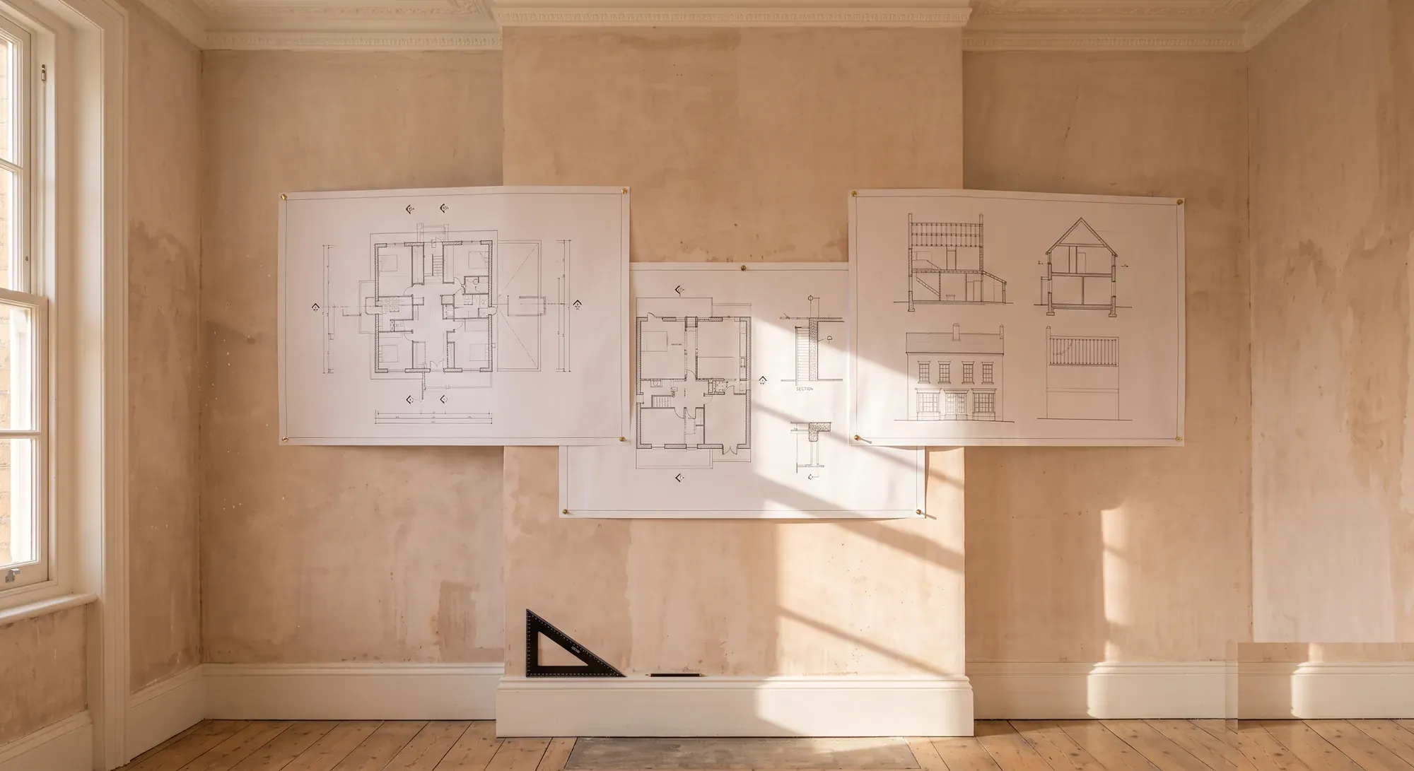 Architectural plans, sections and elevations pinned to a bare plaster wall with a set square below