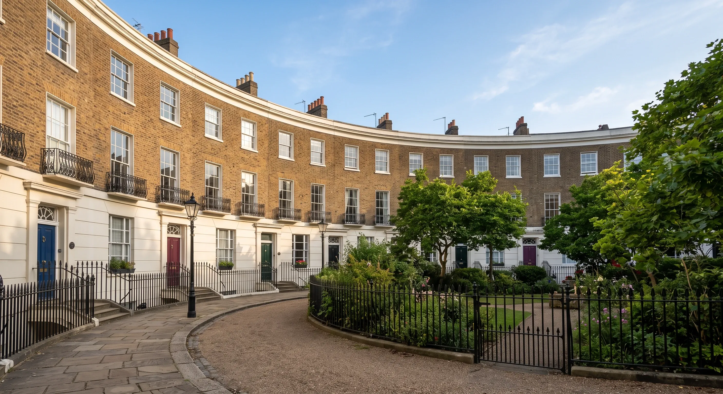 A curved Georgian terrace of brick townhouses around a railed garden square.