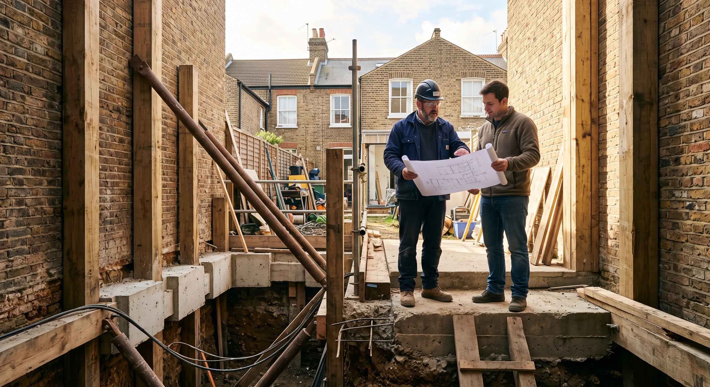 A structural engineer and homeowner reviewing basement drawings beside an open excavation.