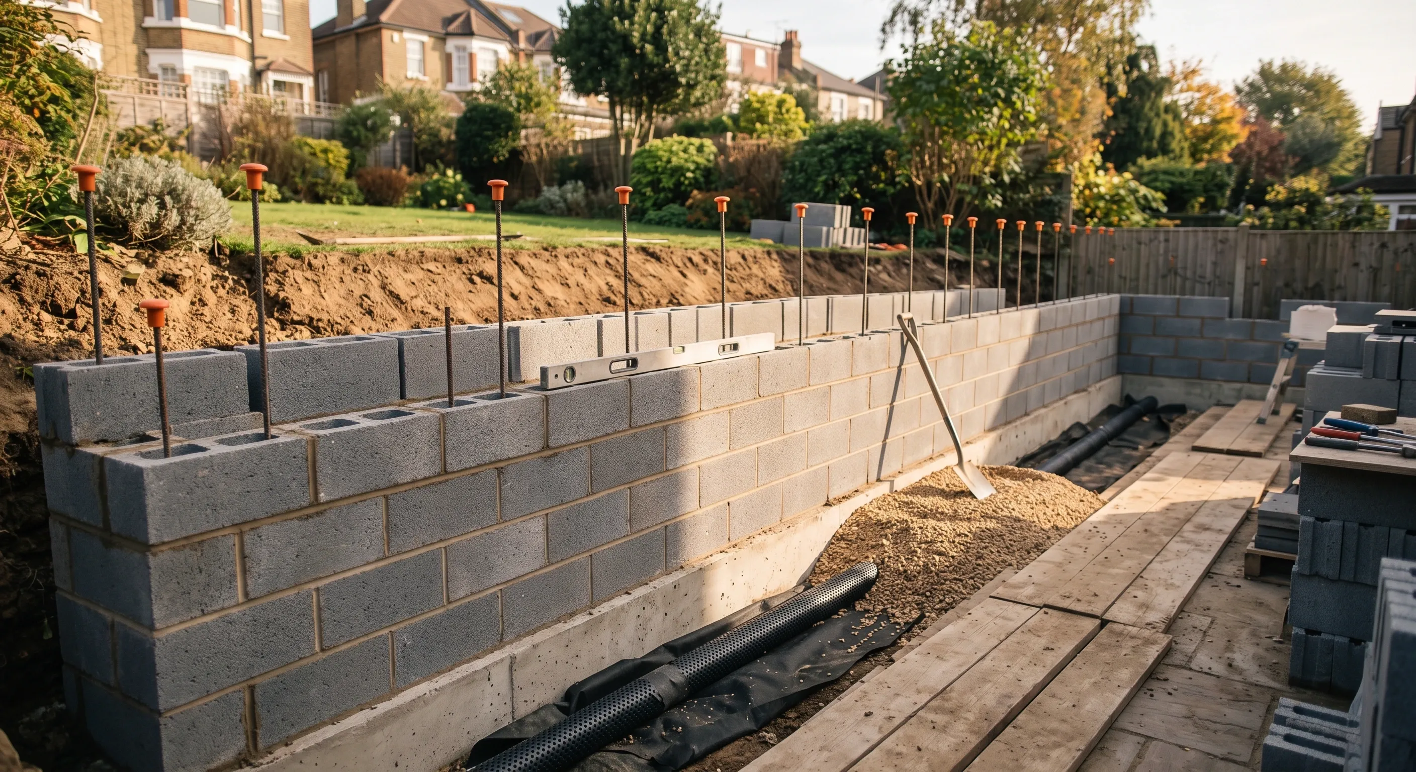 A part built concrete block retaining wall in a sloping garden with vertical reinforcement, a wrapped land drain and levelled granular backfill behind it.