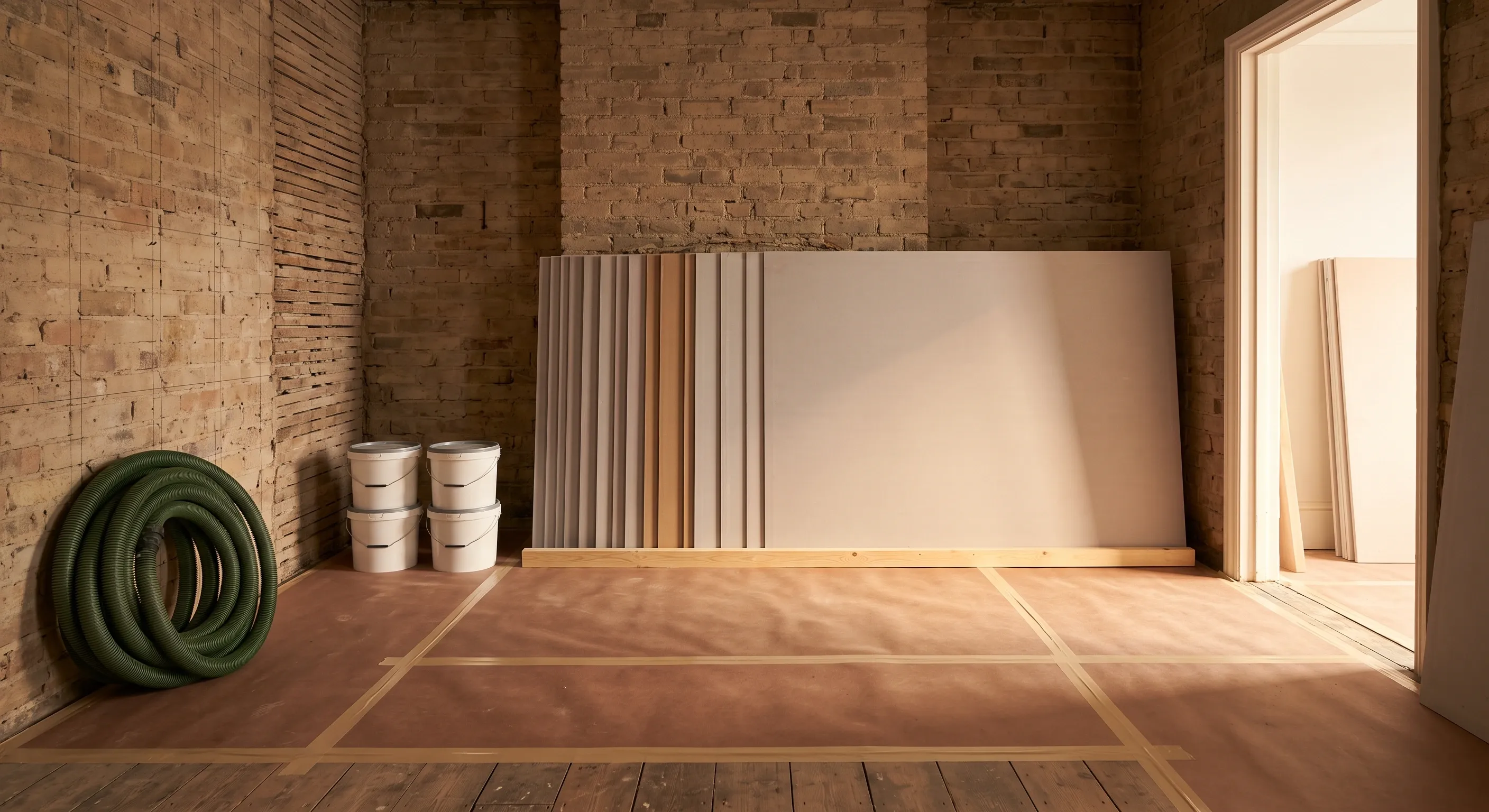 Plasterboard sheets stand on edge in a square stack beside taped floor protection and lidded adhesive buckets in a stripped terrace room.