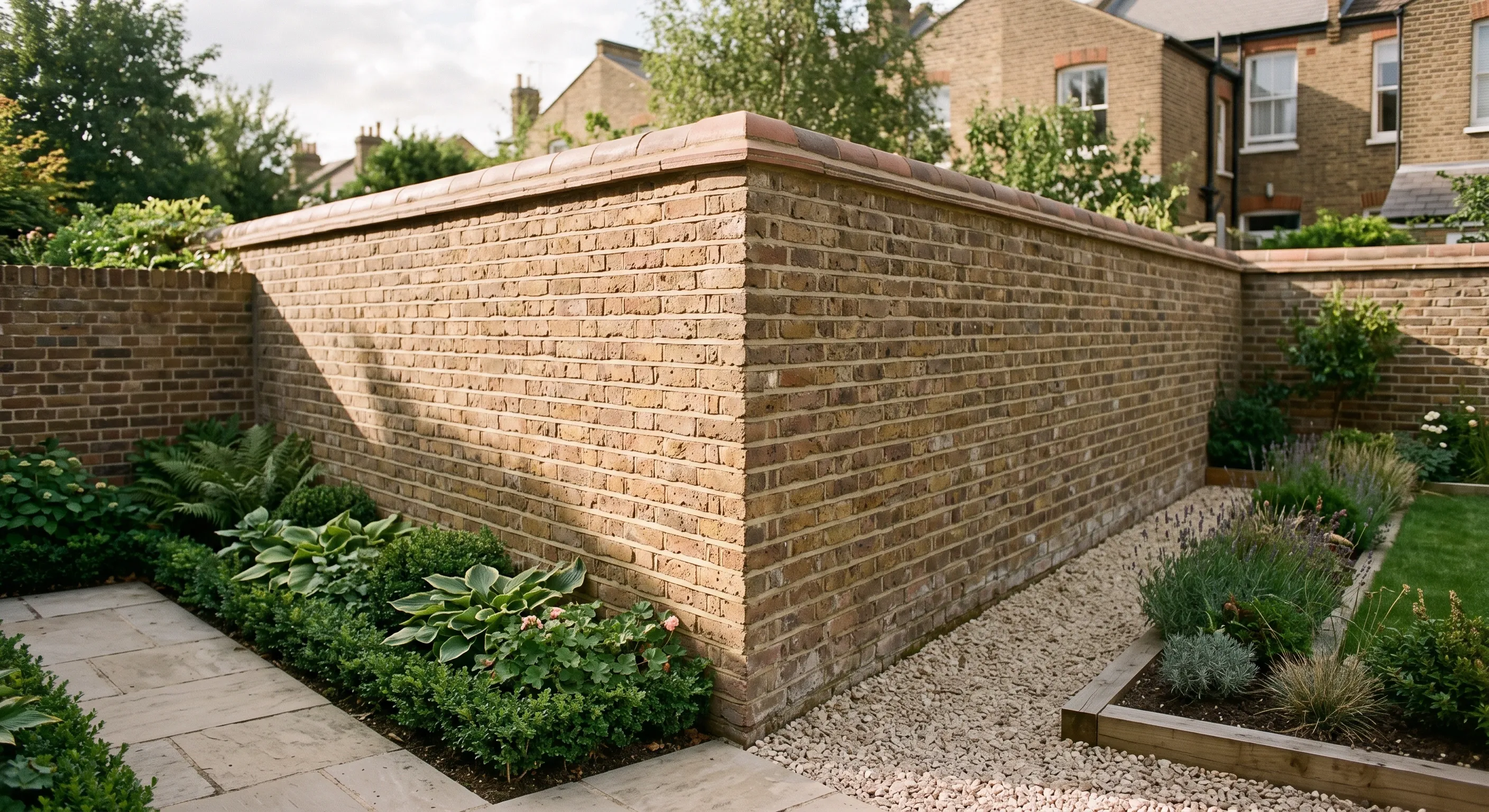 The corner where a brick boundary wall meets the return walls of two neighbouring gardens, both sides visible.