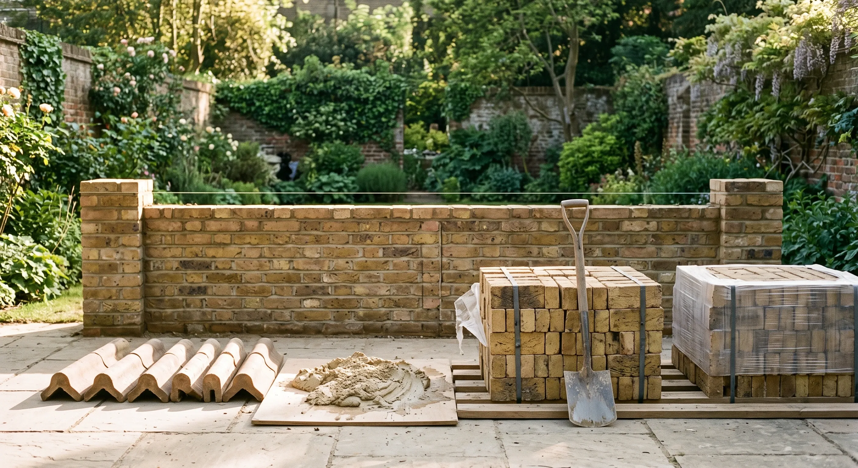 Opened packs of stock bricks and a row of coping units on the paving beside a garden wall built to two thirds height.