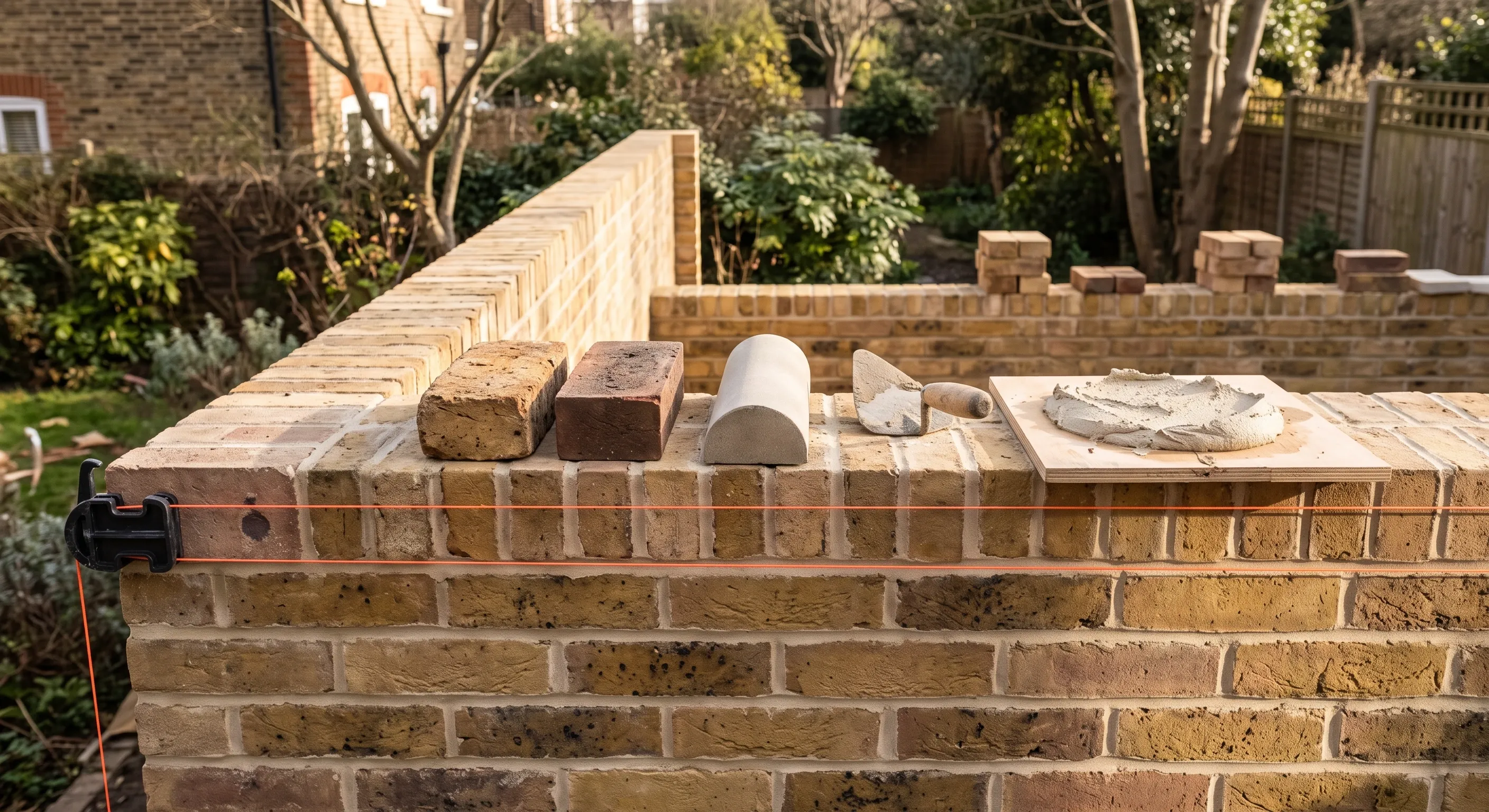 Two brick samples for matching, a coping sample, a trowel and a line block with taut line resting on a freshly laid garden wall course.