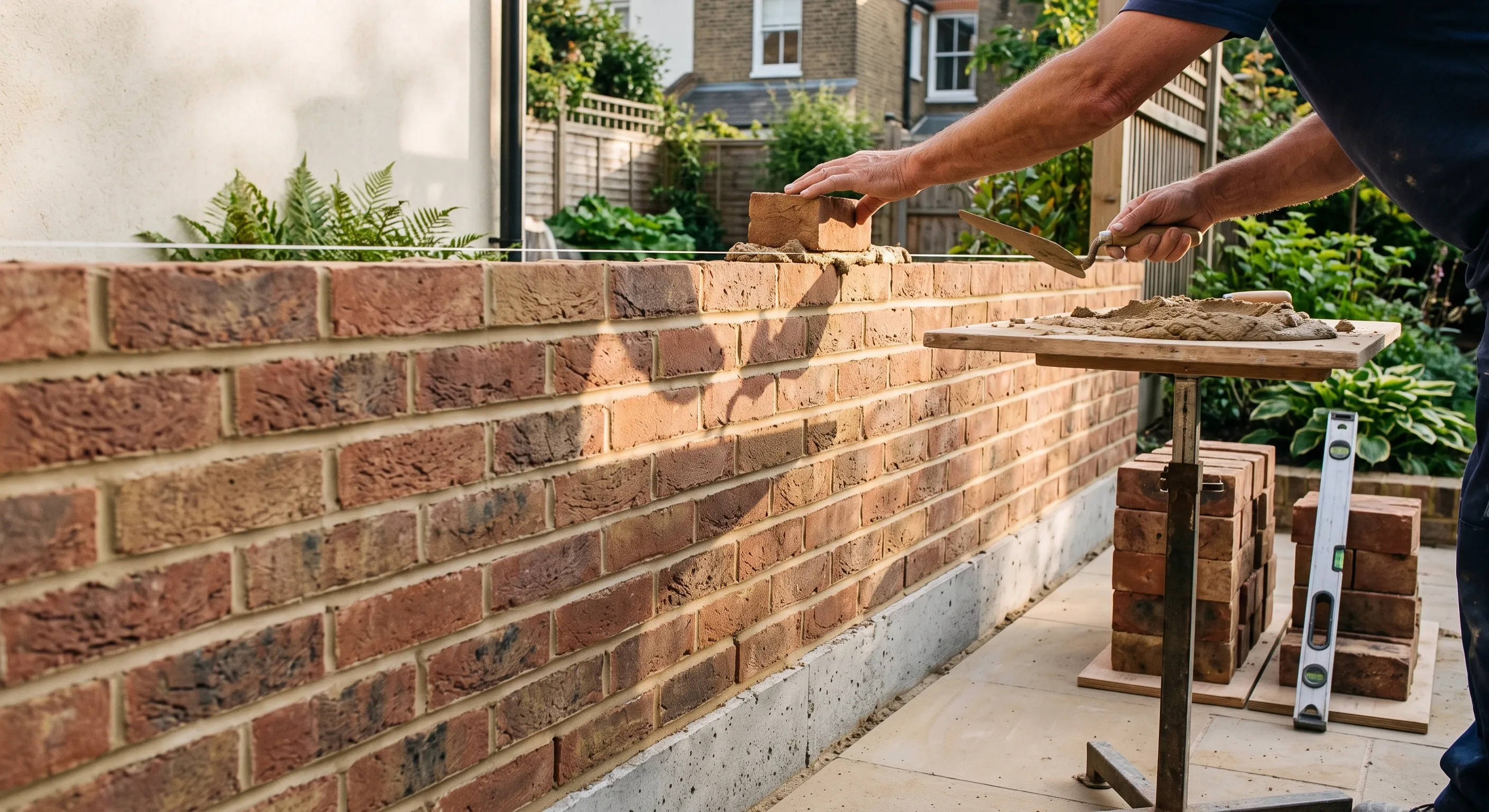A bricklayer's hands bedding a brick to a taut line on a part built garden boundary wall with mortar board and squared brick stacks alongside.