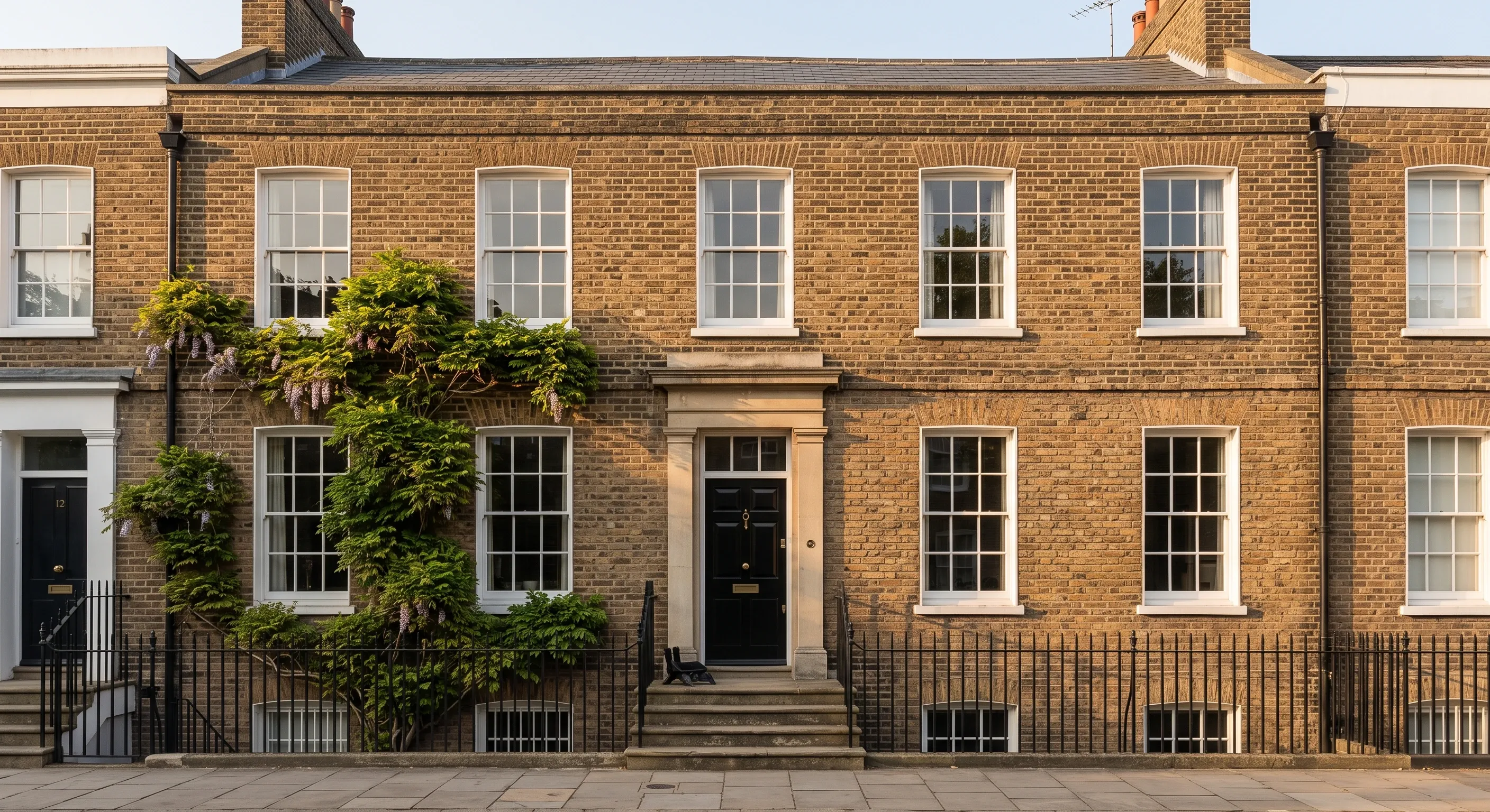 A brick Georgian terraced house with tall sash windows and a panelled front door.