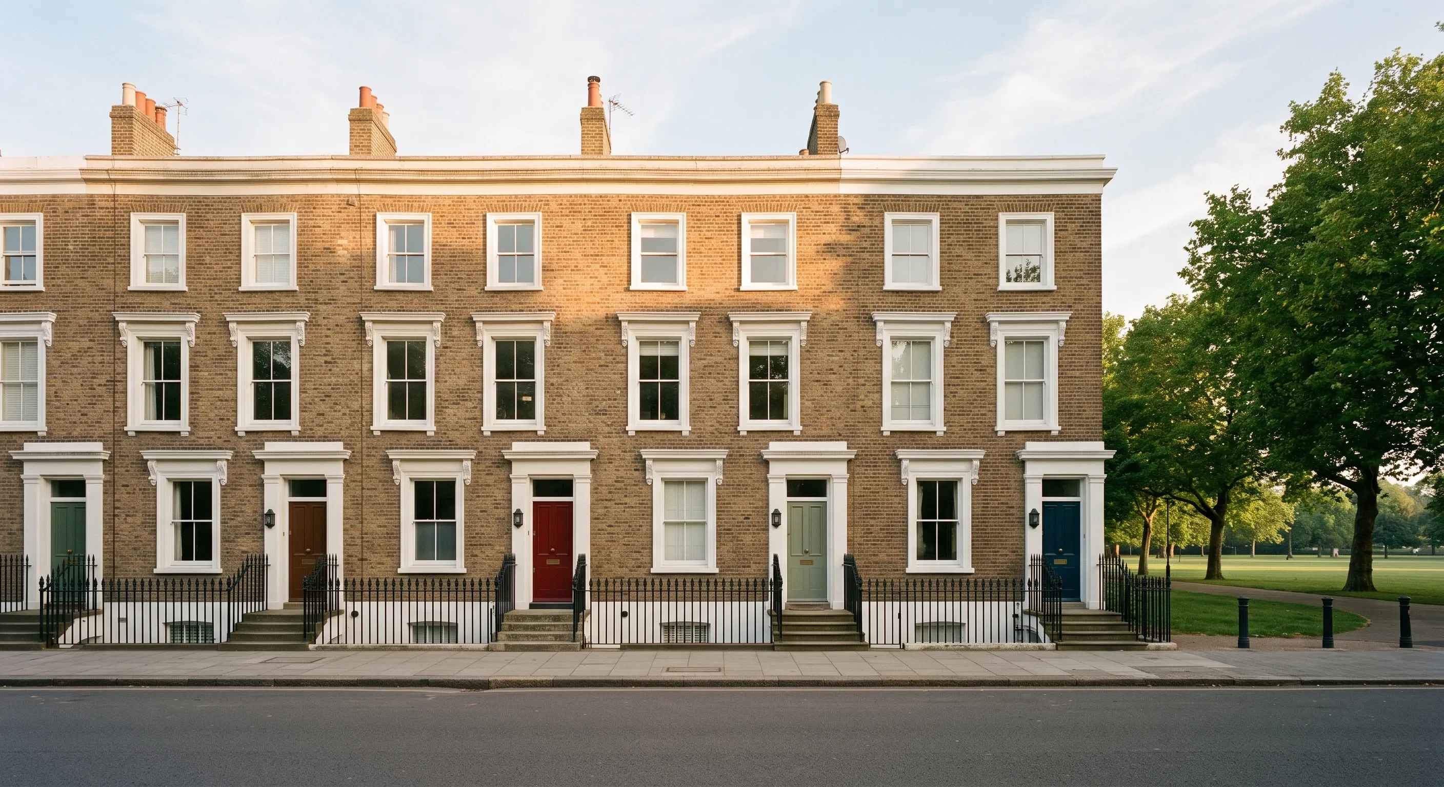 A row of Georgian townhouses facing a tree-lined common in soft morning light.