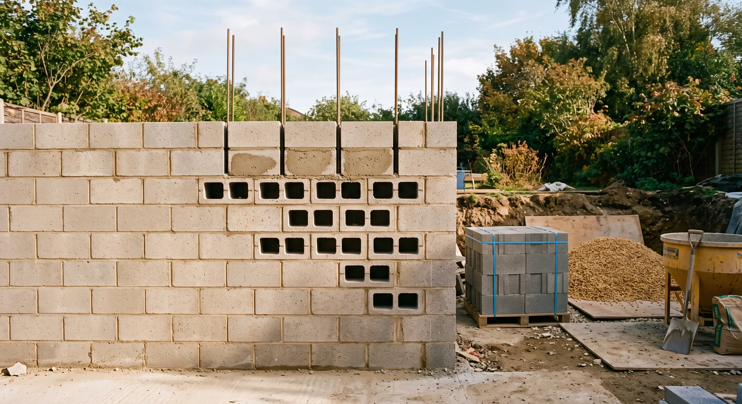 Concrete blockwork with aligned cores, some filled with concrete and reinforcing bars standing proud, beside a pallet of blocks and aggregate.
