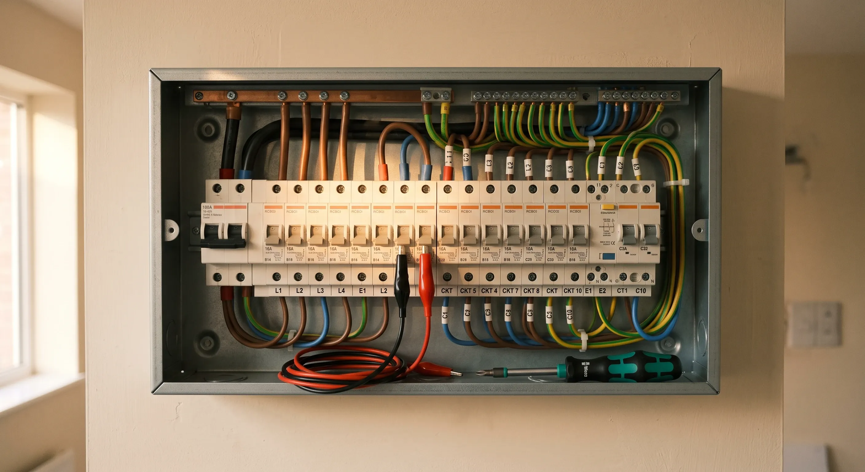 A modern consumer unit with its cover off, RCBOs in a row and test leads clipped to the busbar.