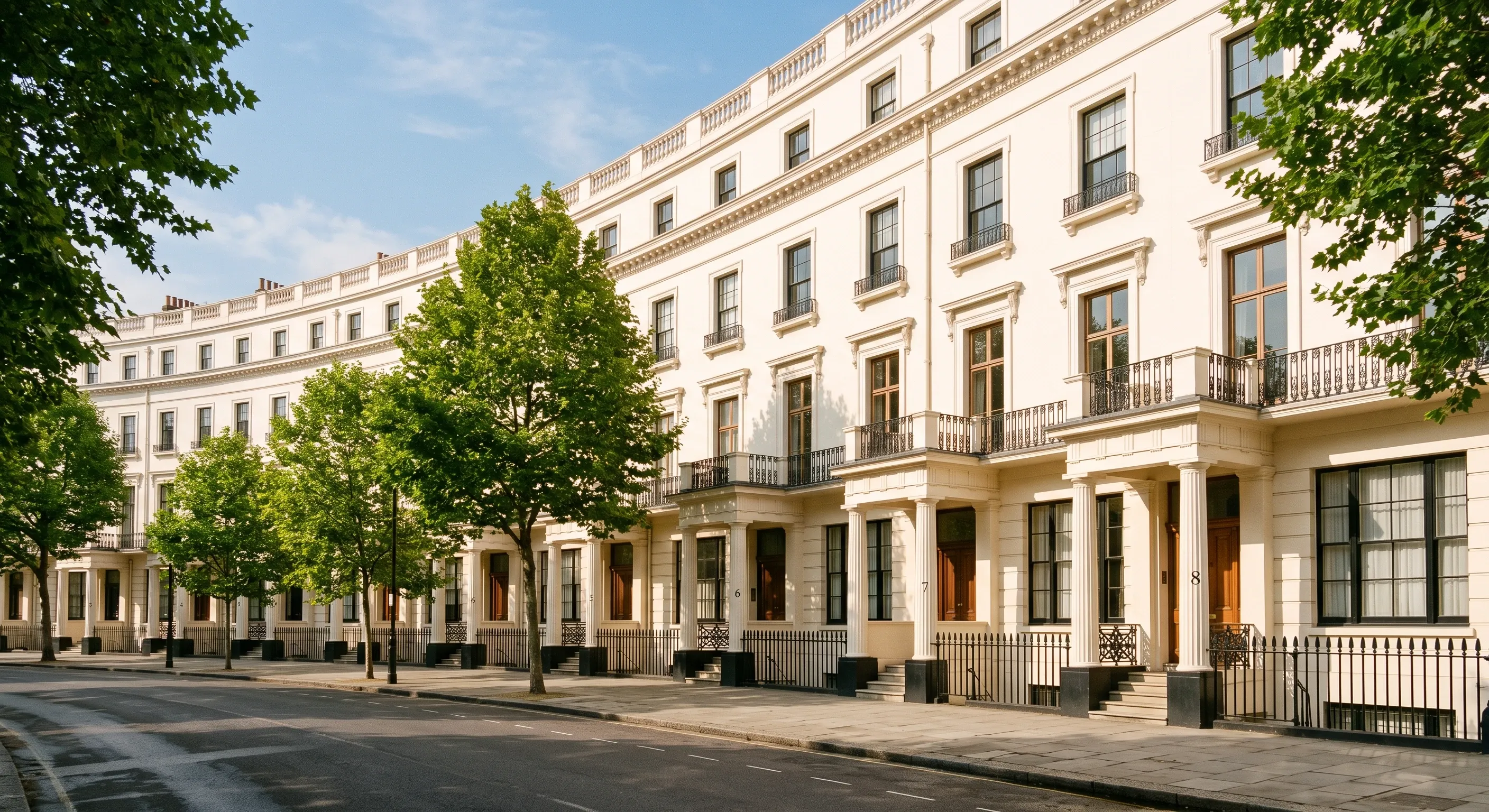 A curved white stucco Regency terrace overlooking a park in warm morning light.