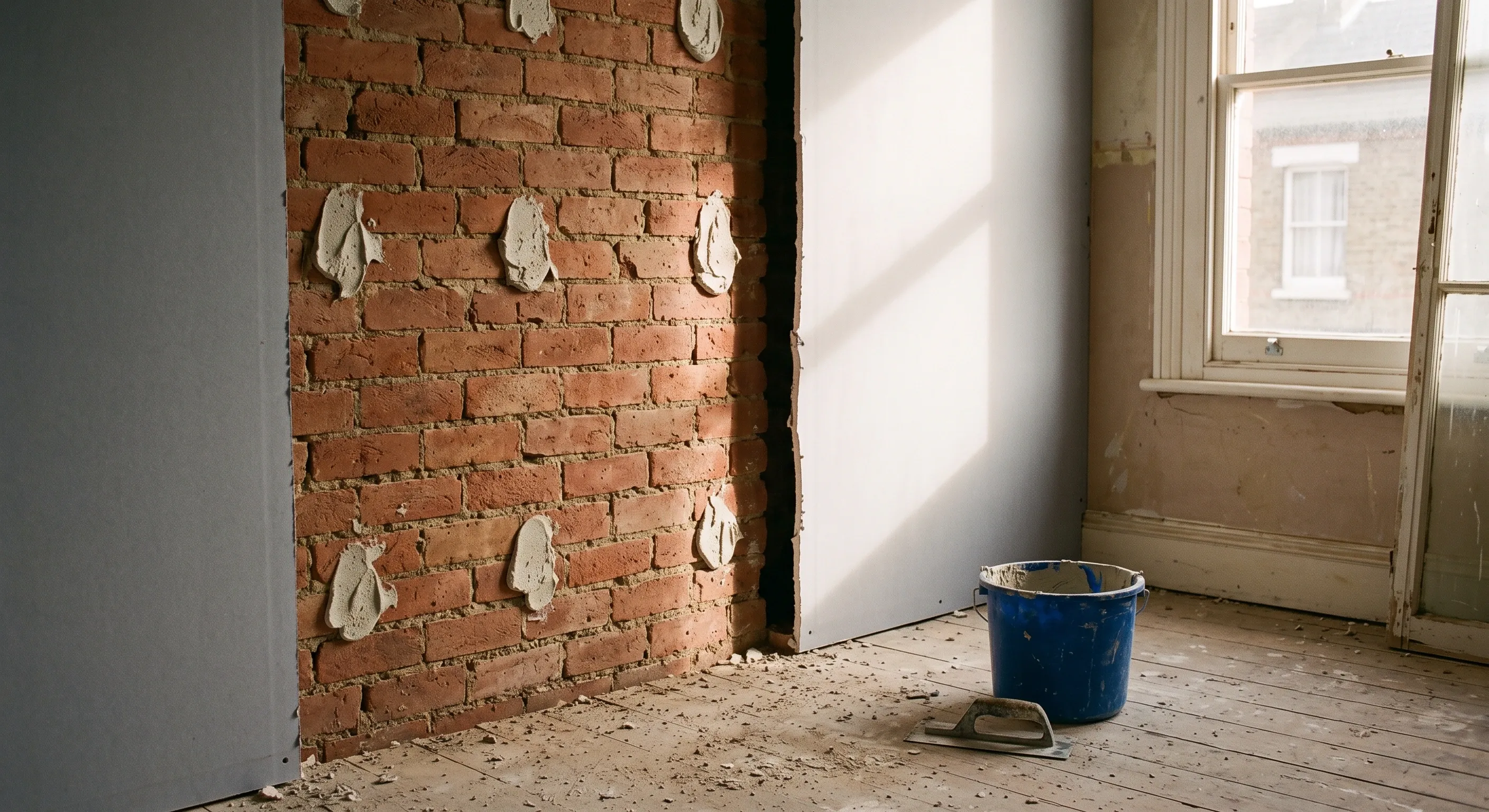 Plasterboard being dot and dabbed onto a bare solid brick wall, with the adhesive dabs visible behind the last sheet.