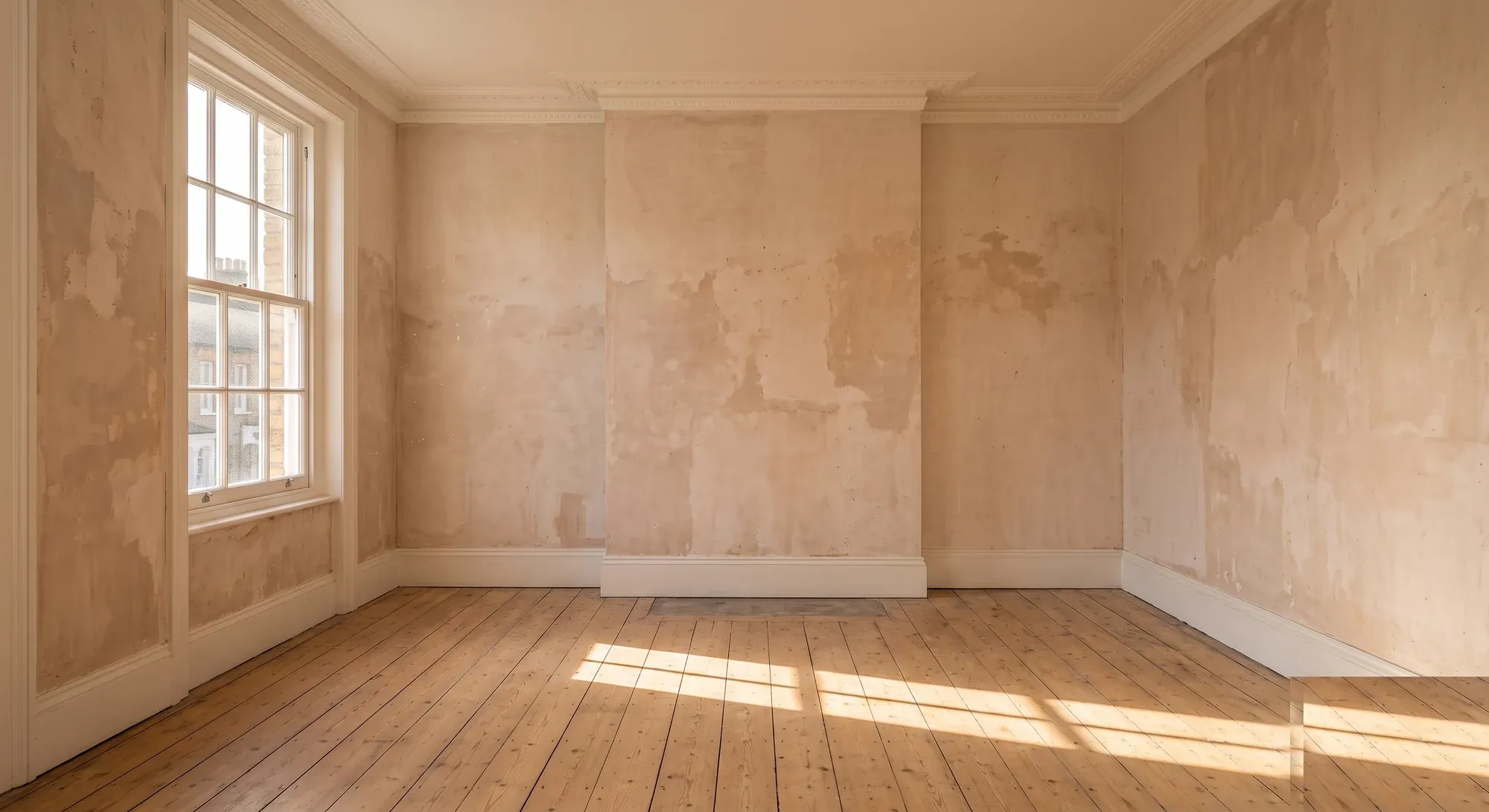 An empty stripped room in a London period house with sunlight across the bare floorboards