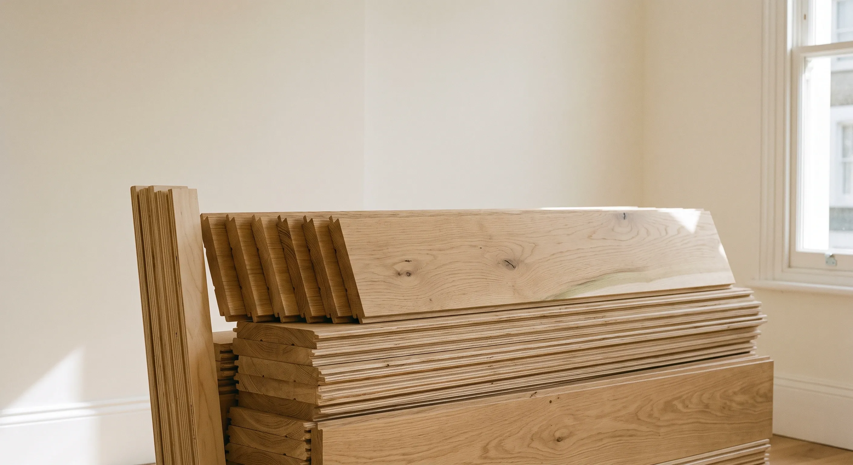 Open packs of engineered oak boards stacked in an empty room with the top boards fanned to show the tongue and groove profile and wear layer.