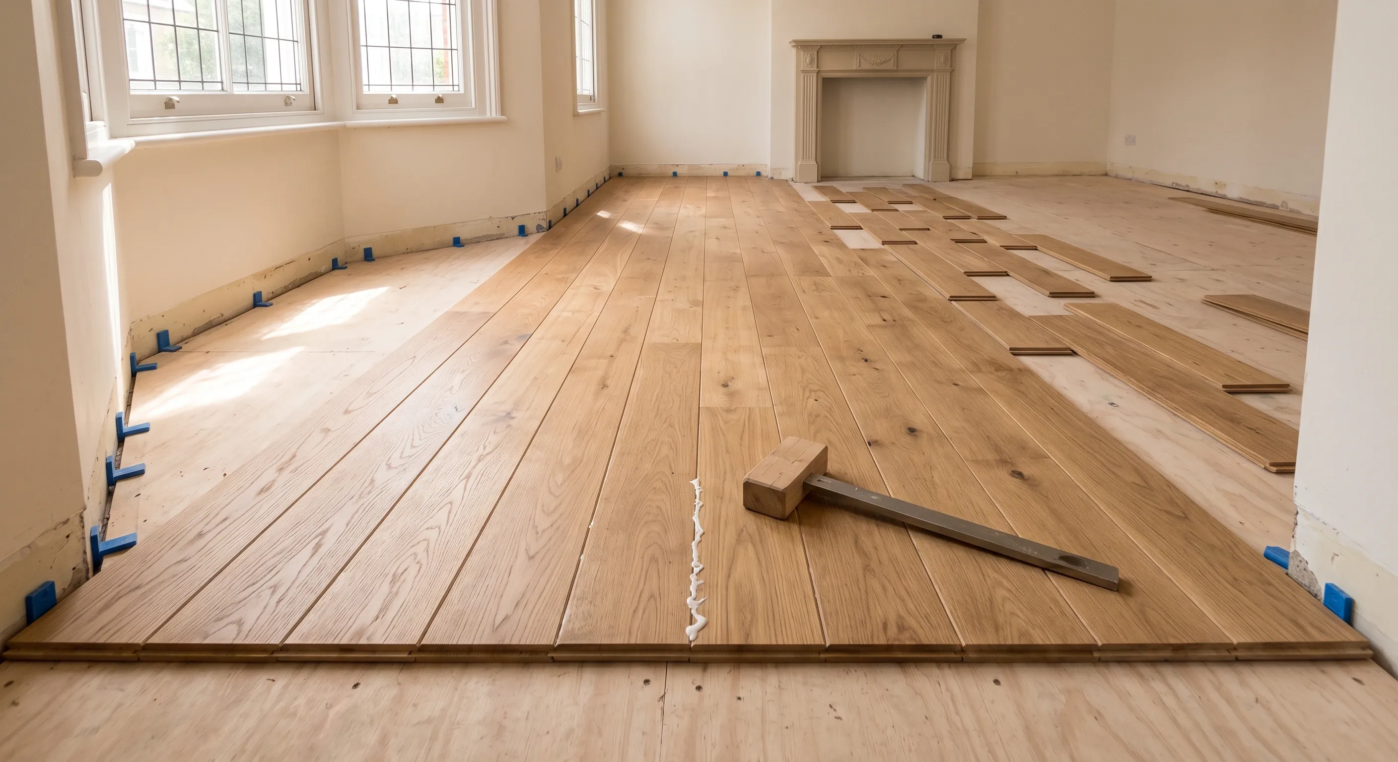 Engineered oak boards part laid in a bay window room with loose boards racked out ahead of the work and spacers against the bare wall.