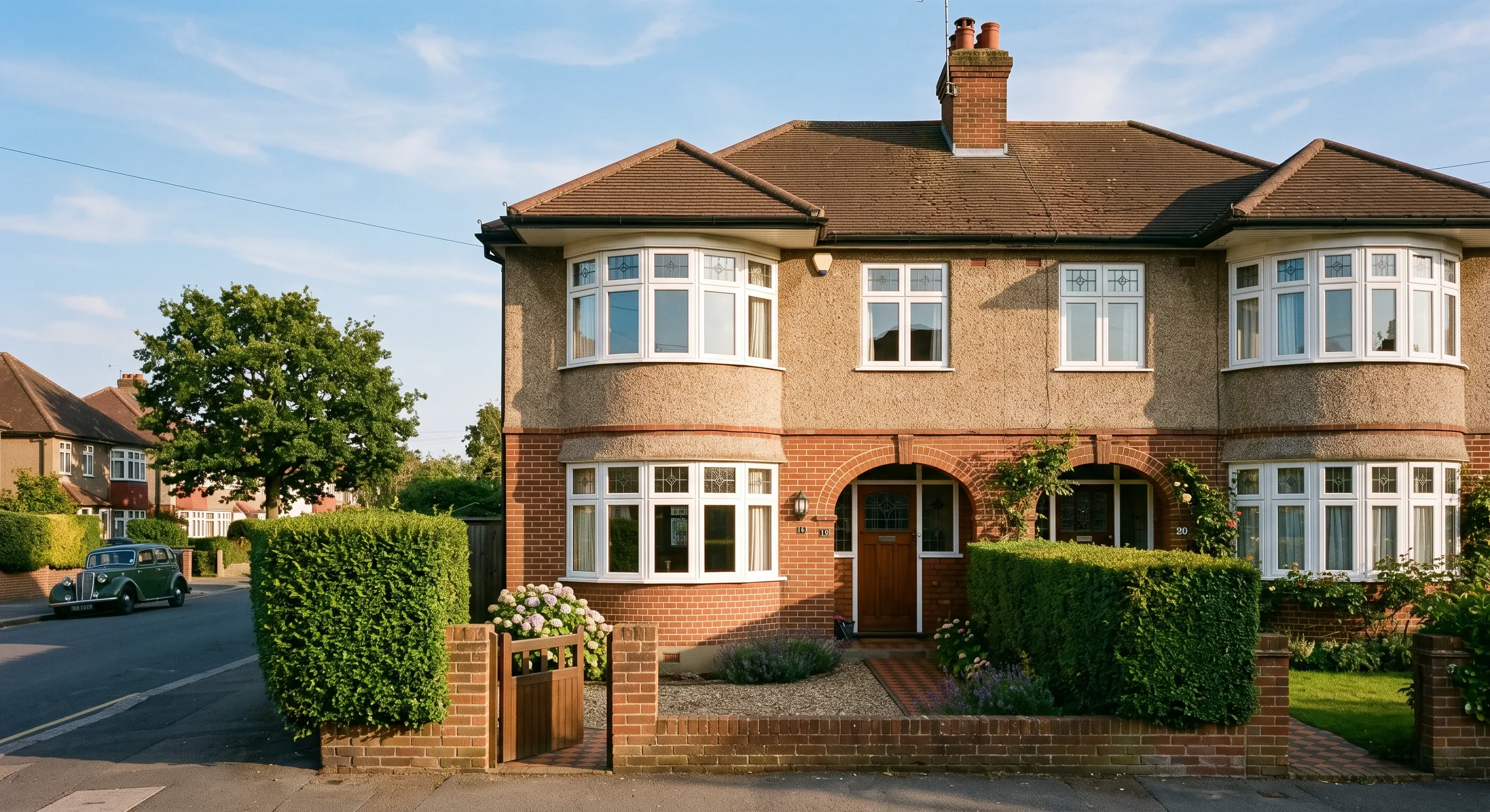 A 1930s semi-detached house with a curved bay window and pebbledash render.