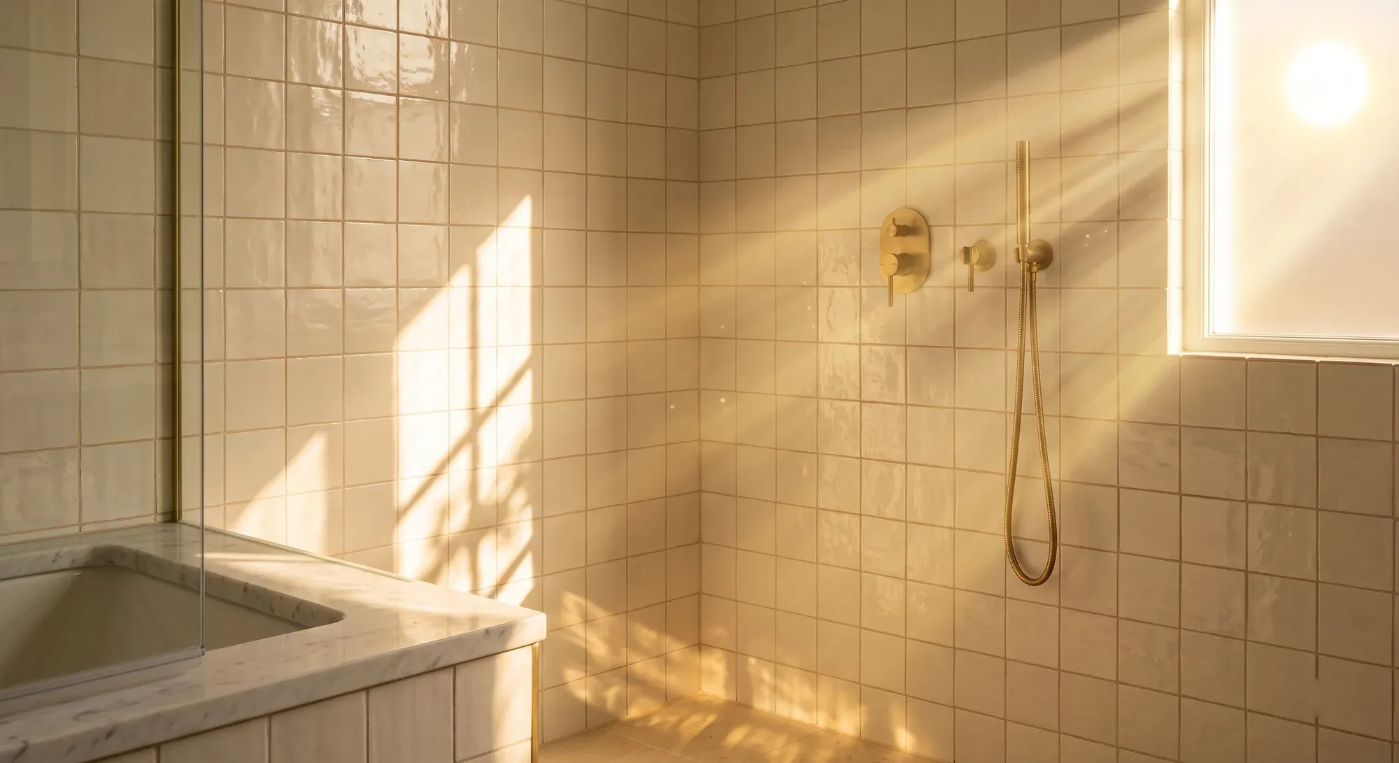 A finished London bathroom with handmade-look tiling, brass fittings and a marble bath surround