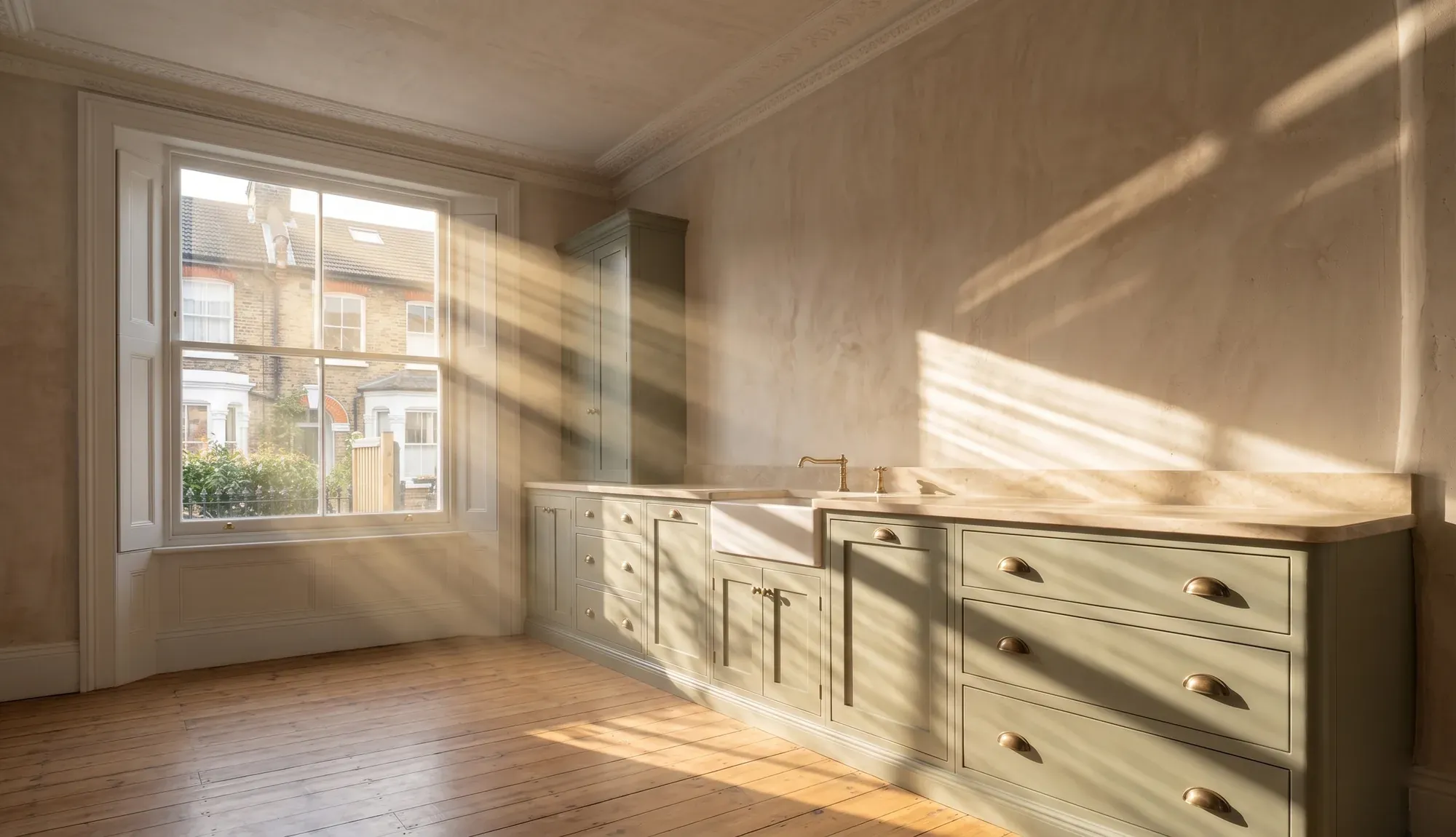 A finished kitchen in a London period property with sage cabinetry and a stone worktop below a sash window