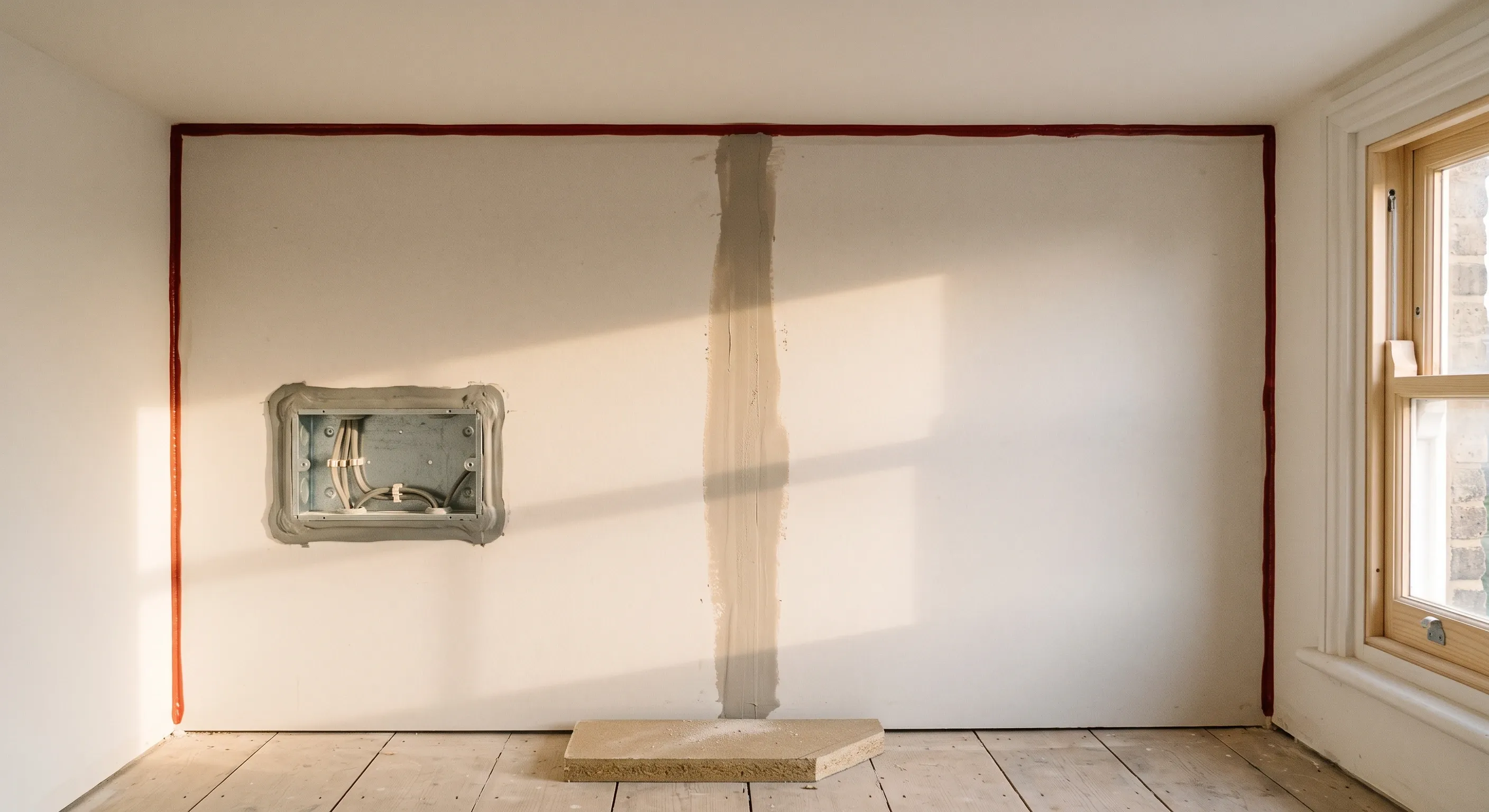 A taped and sealed plasterboard junction at a party wall with a recessed back box wrapped in a fire-rated putty pad.