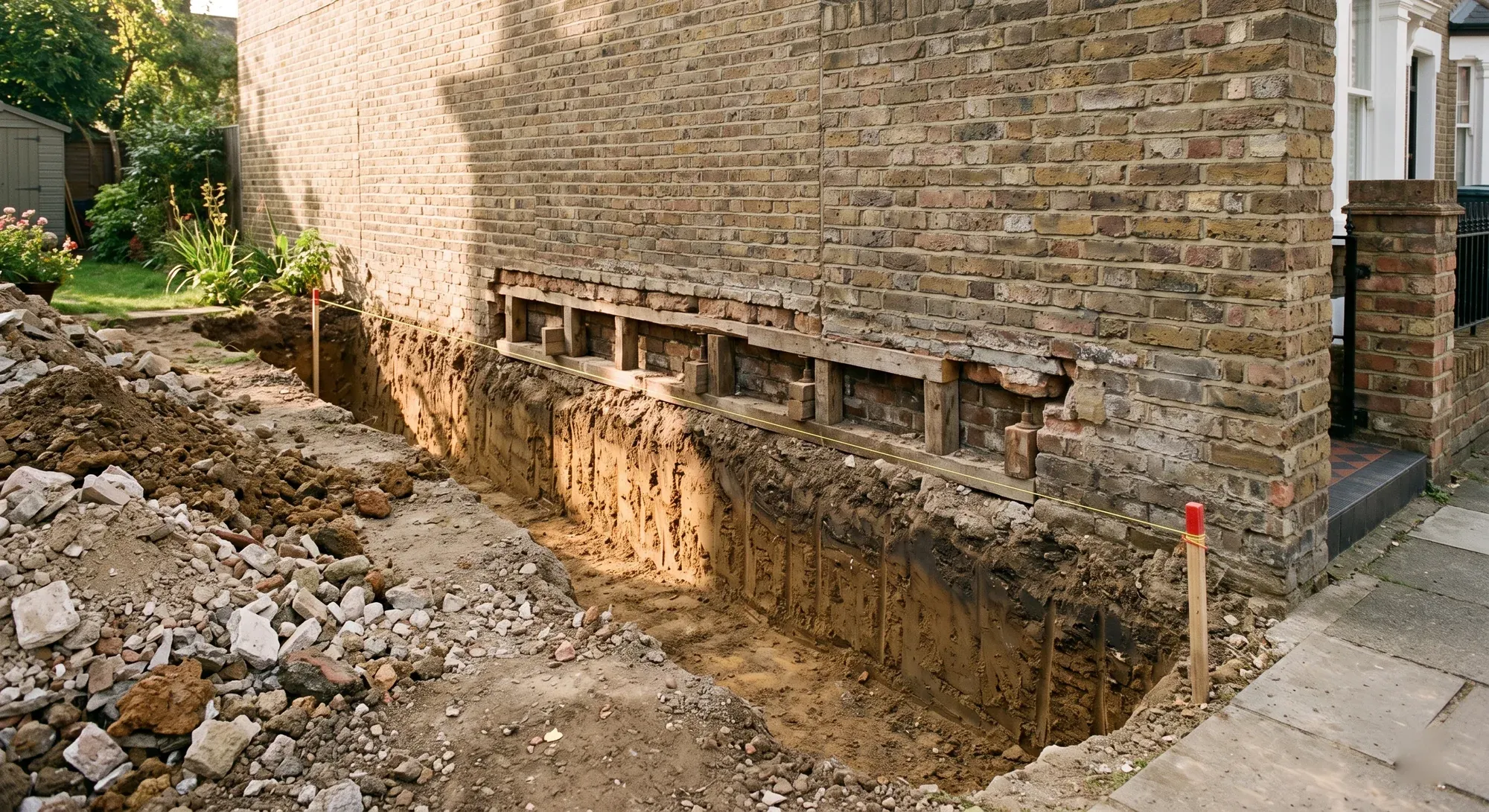 An excavated trench alongside a brick wall, with the brickwork temporarily supported on timber needles