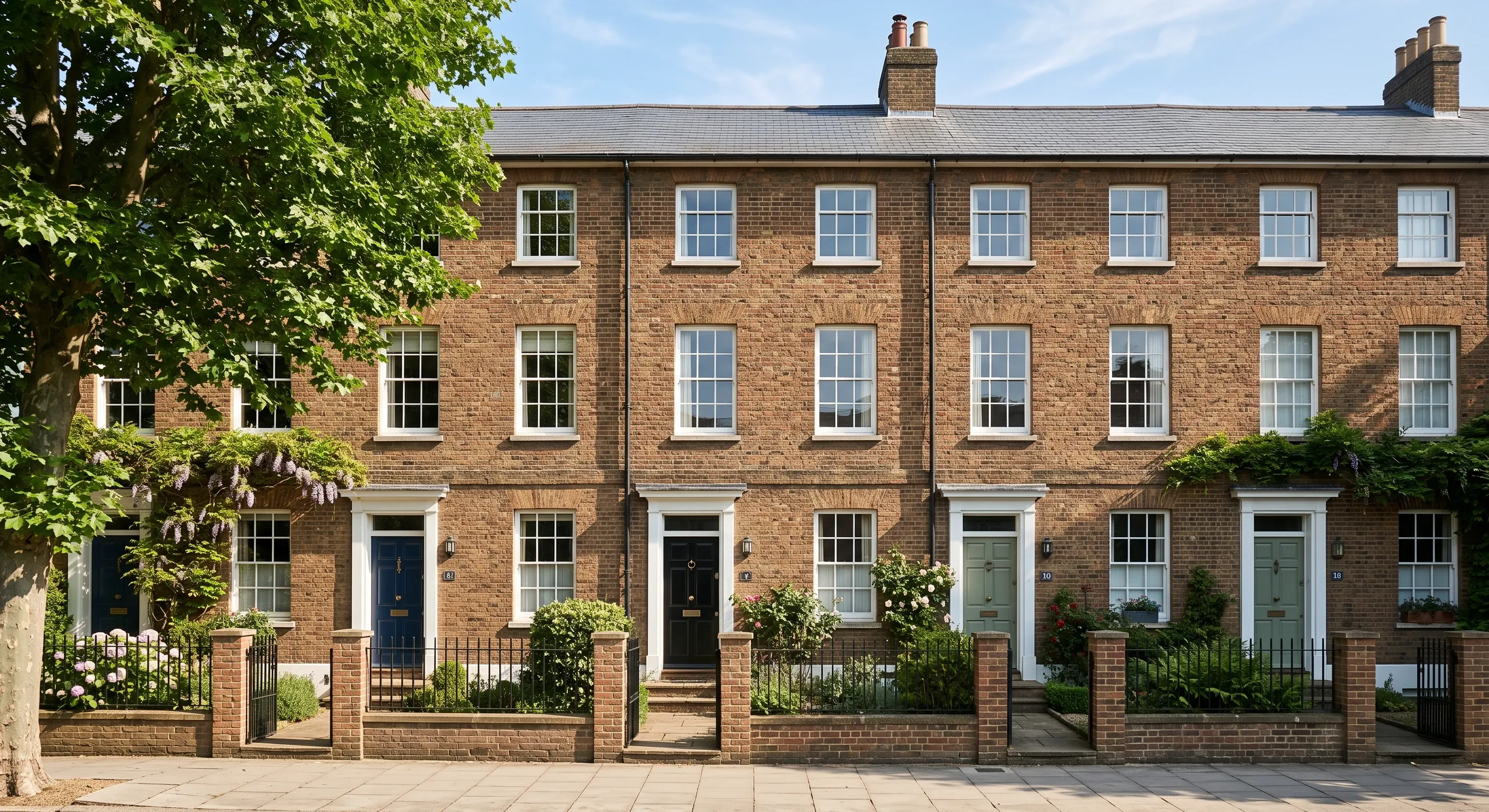 A row of Georgian brick townhouses on a quiet Enfield Town street.