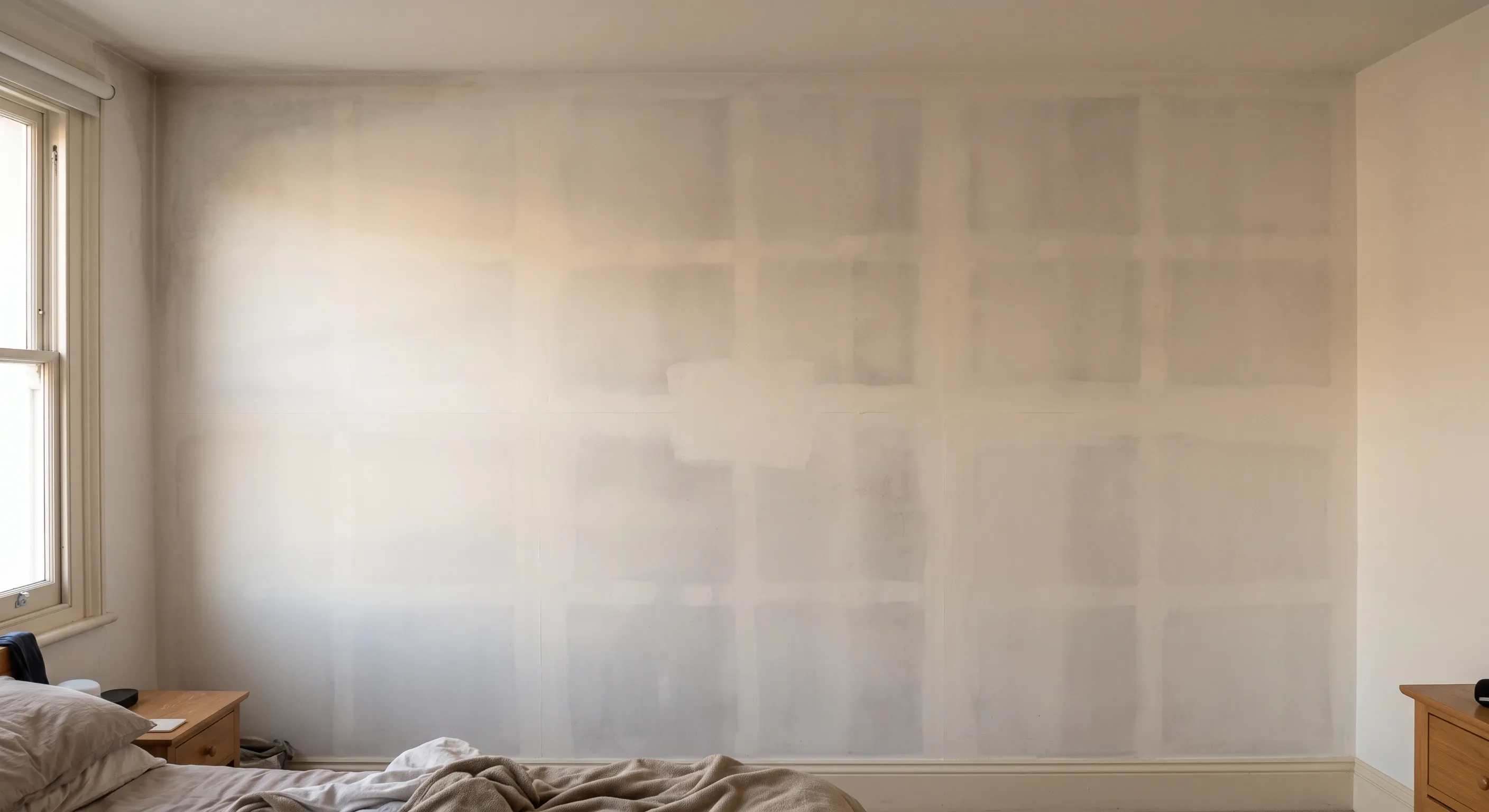 A painted bedroom wall marked with a faint regular grid of grey patches tracing the adhesive dabs behind the plasterboard.