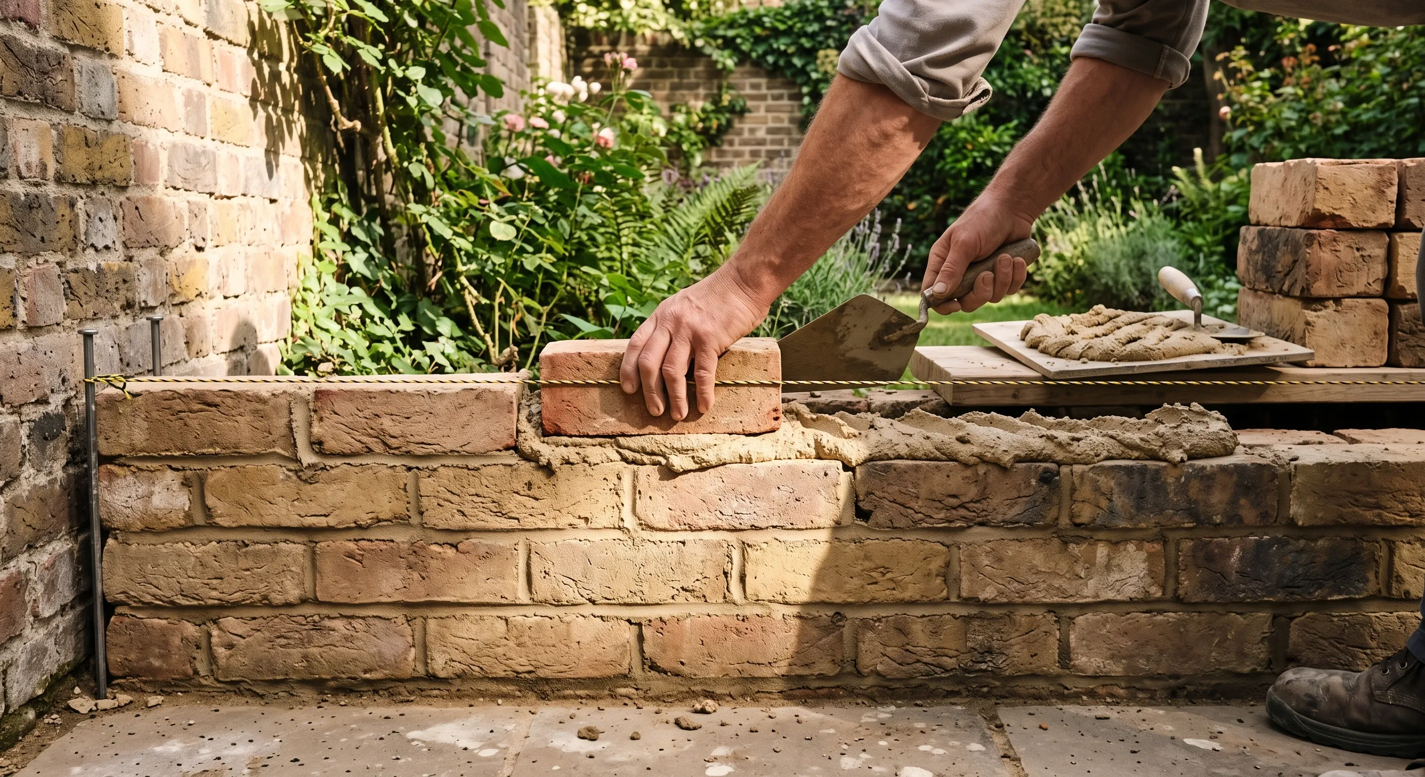 A bricklayer's hands bedding a London stock brick onto a mortar bed against a taut brick line on a new garden wall.
