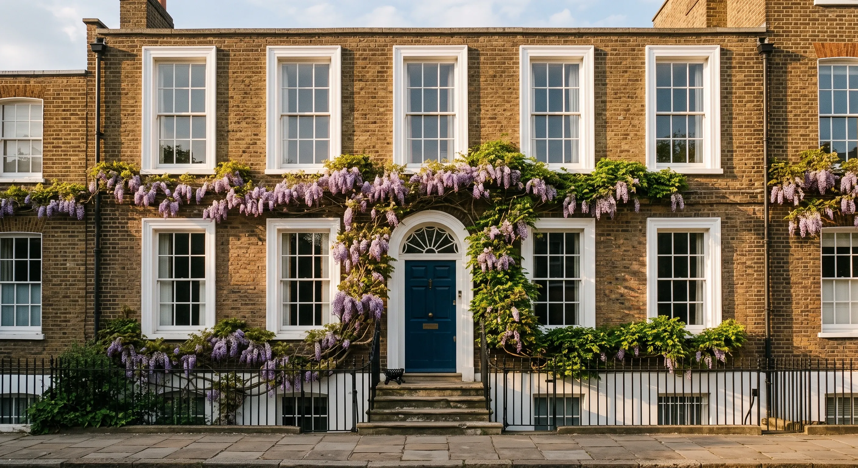 A Georgian terraced house with a panelled door and tall sash windows.