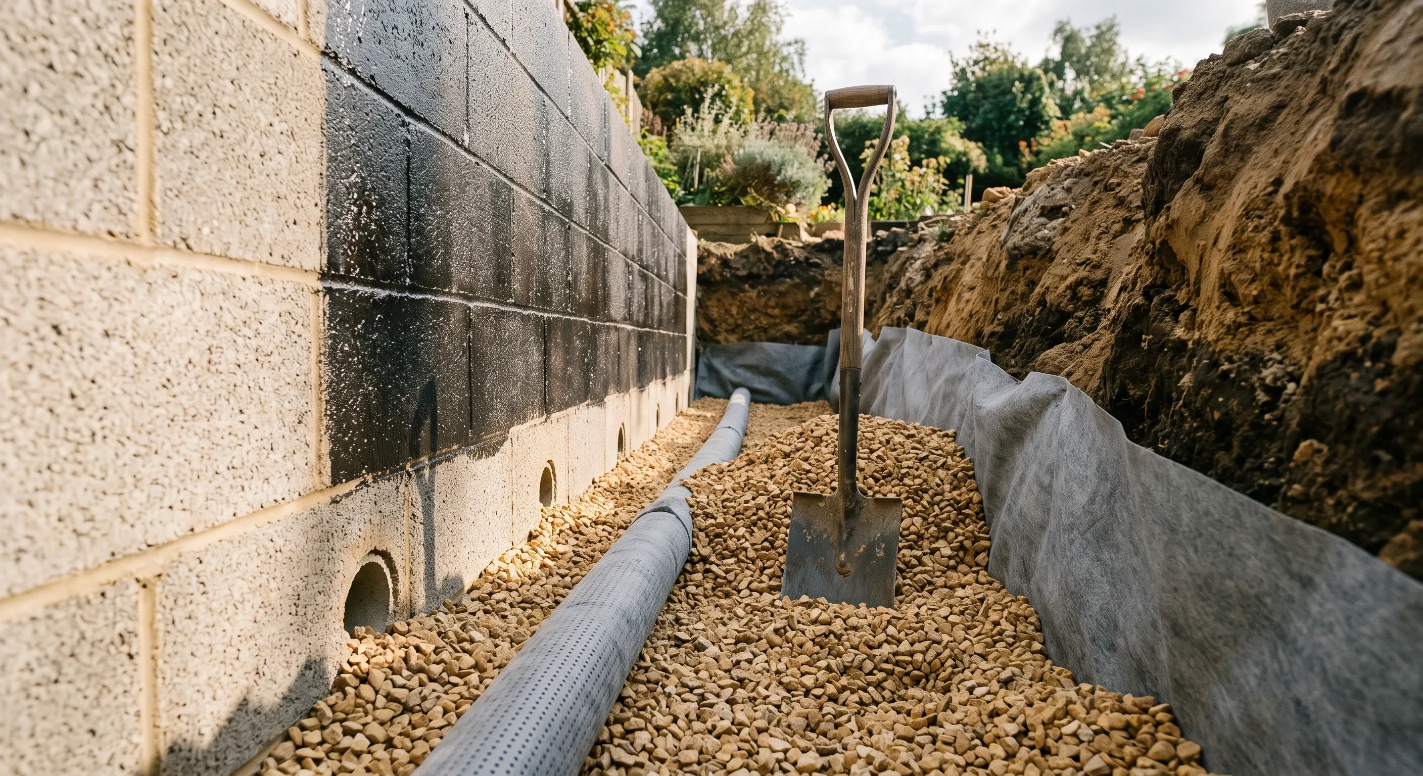 The back of a retaining wall with a geotextile-wrapped land drain at the toe, gravel backfill going in and weep holes formed at the base.