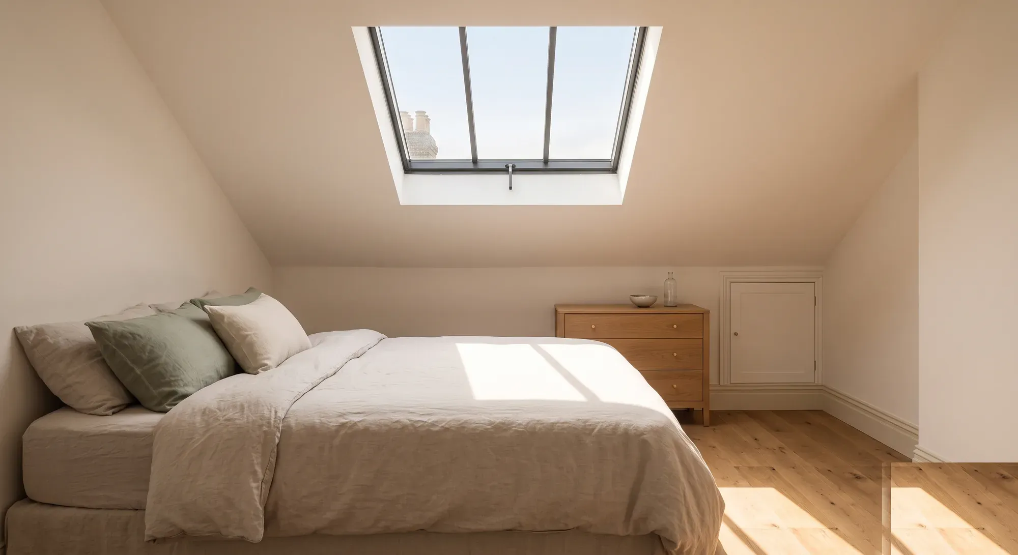 A finished loft bedroom with a large rooflight above a linen dressed bed.