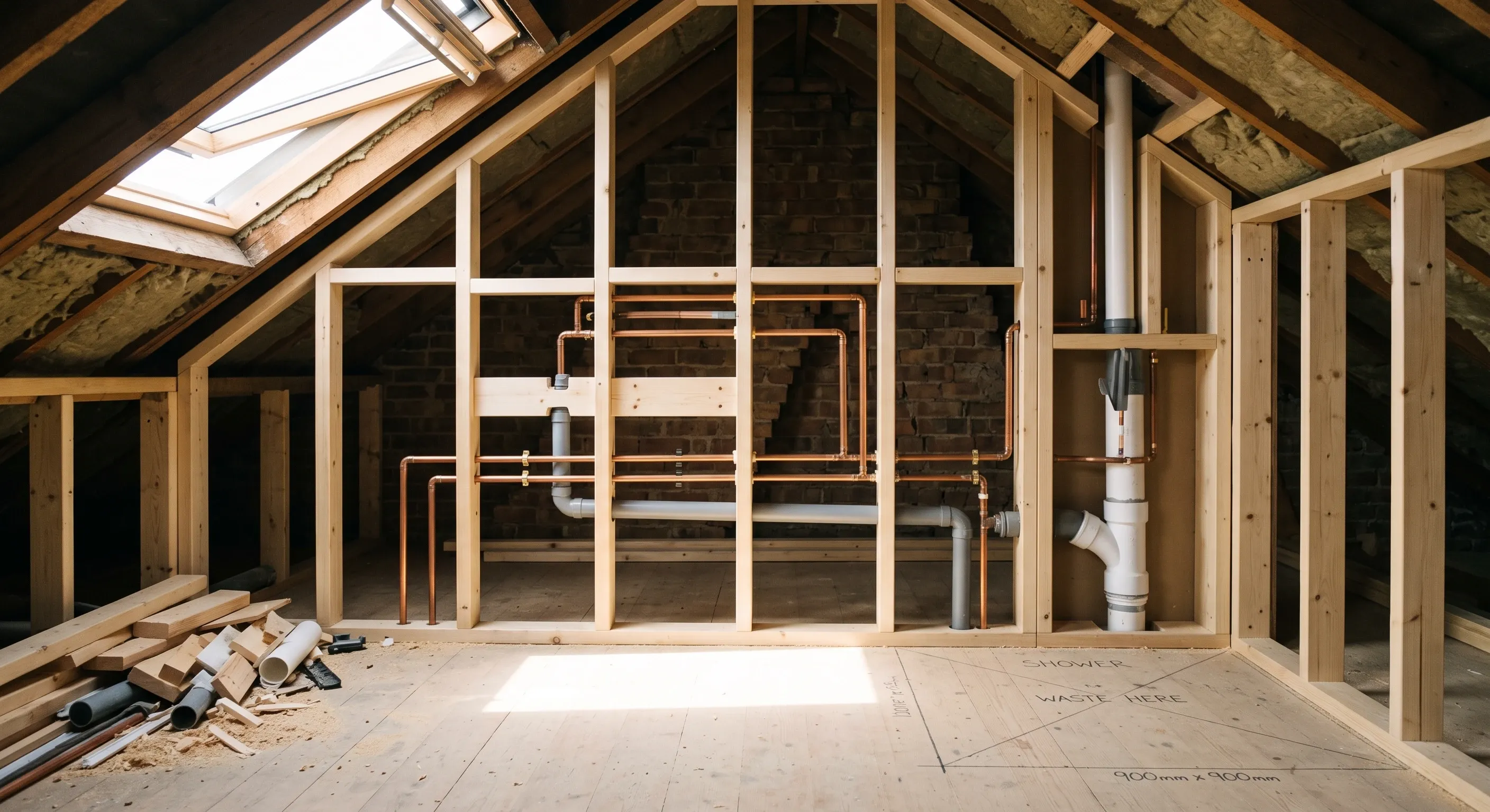 First fix pipework running through a stud partition for a loft ensuite before boarding.