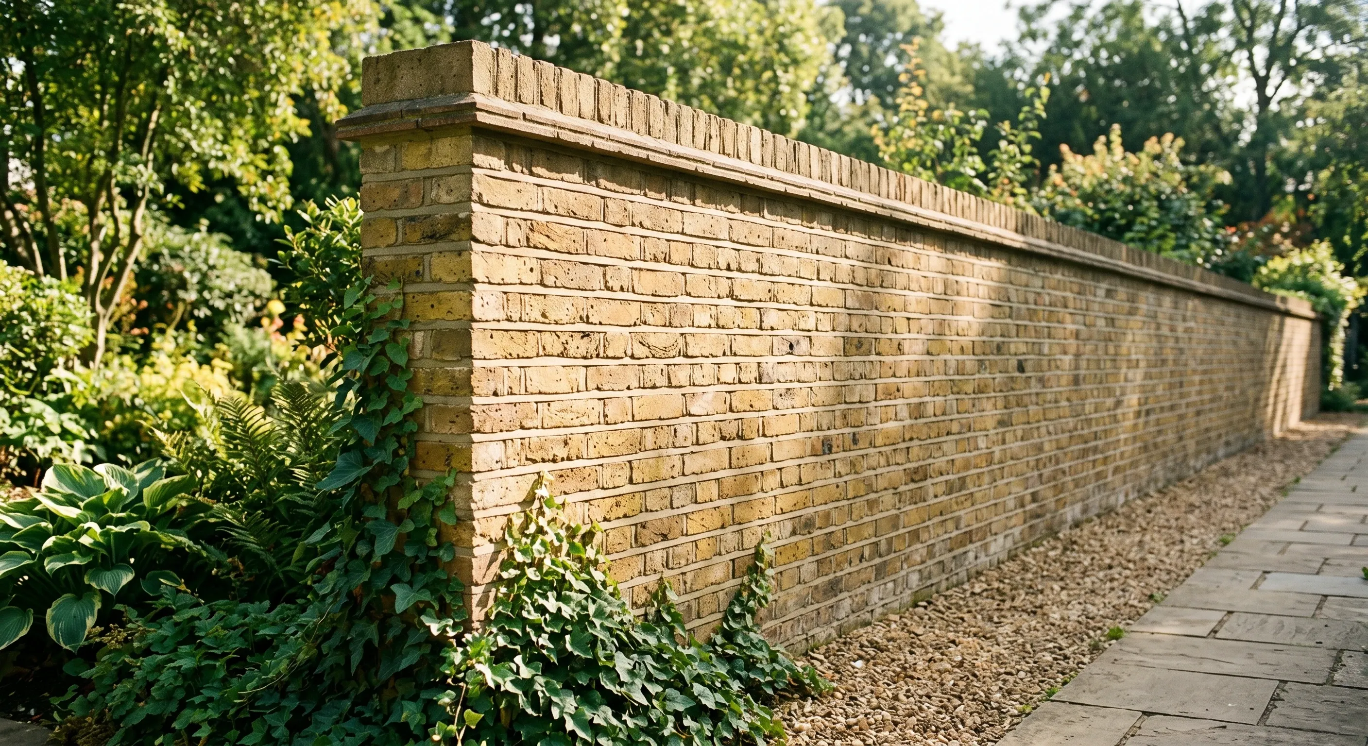A London stock brick garden wall with brick on edge coping, seen along its length against planting.