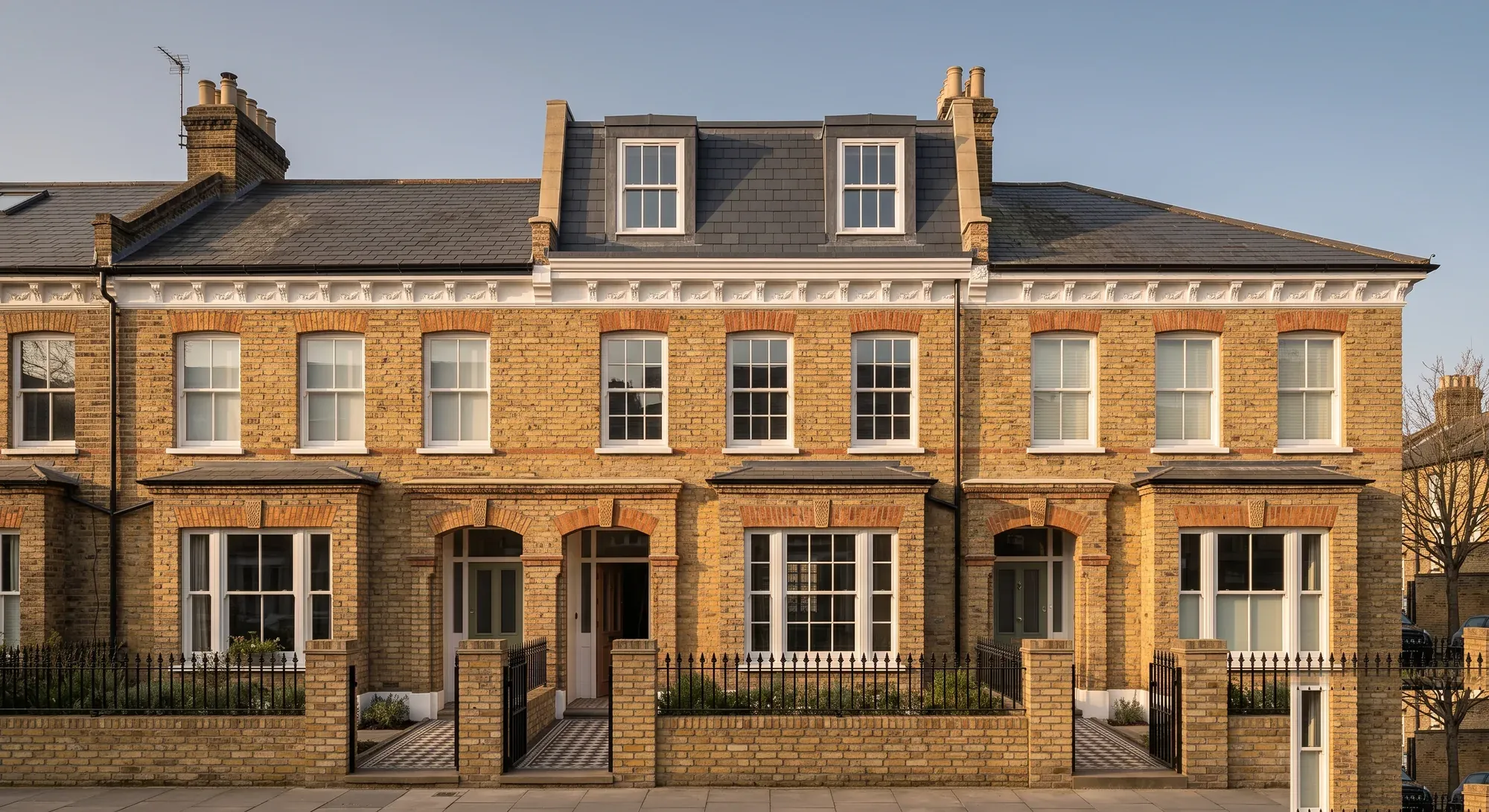 Adjoining London terraced houses, the centre pair with a slate mansard roof extension above the cornice