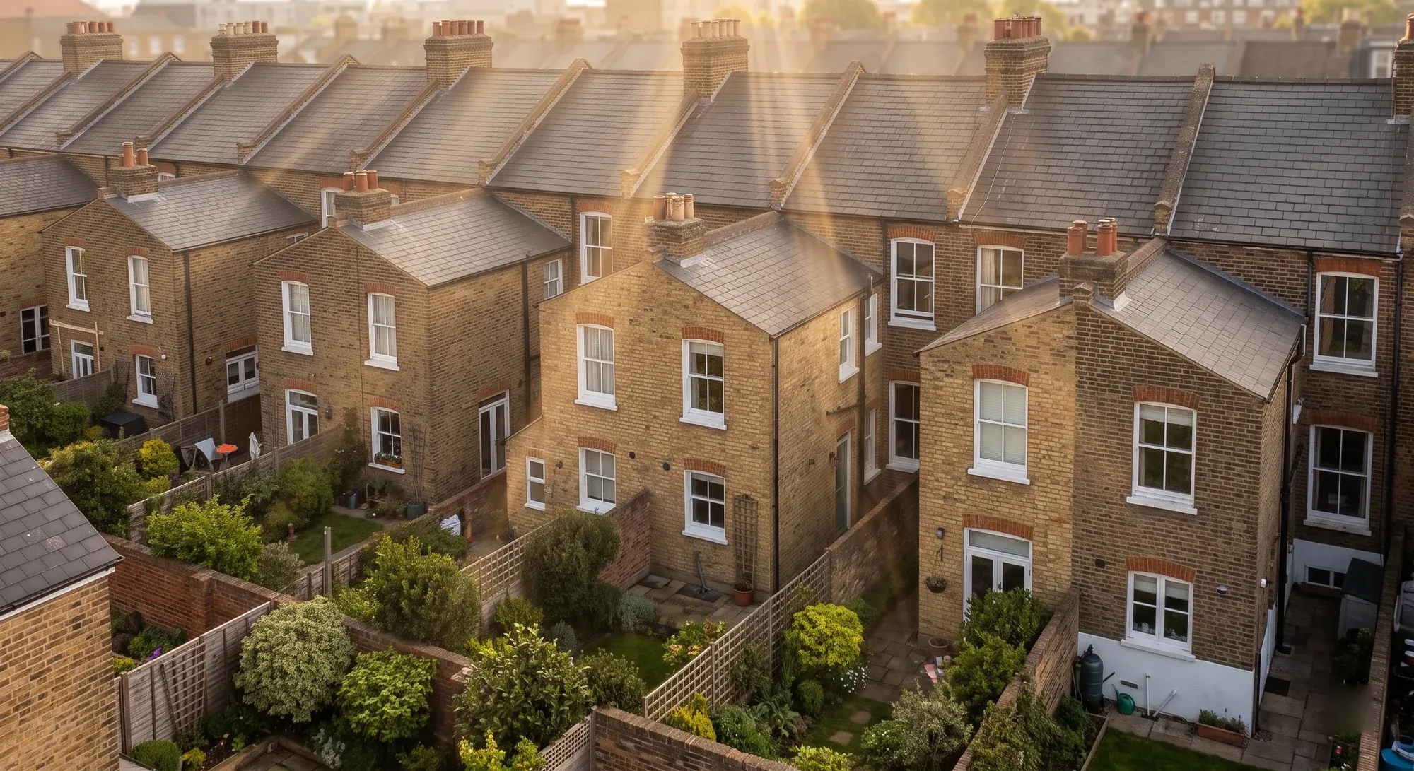 Rear elevations, gardens and shared walls of a London Victorian terrace seen from above