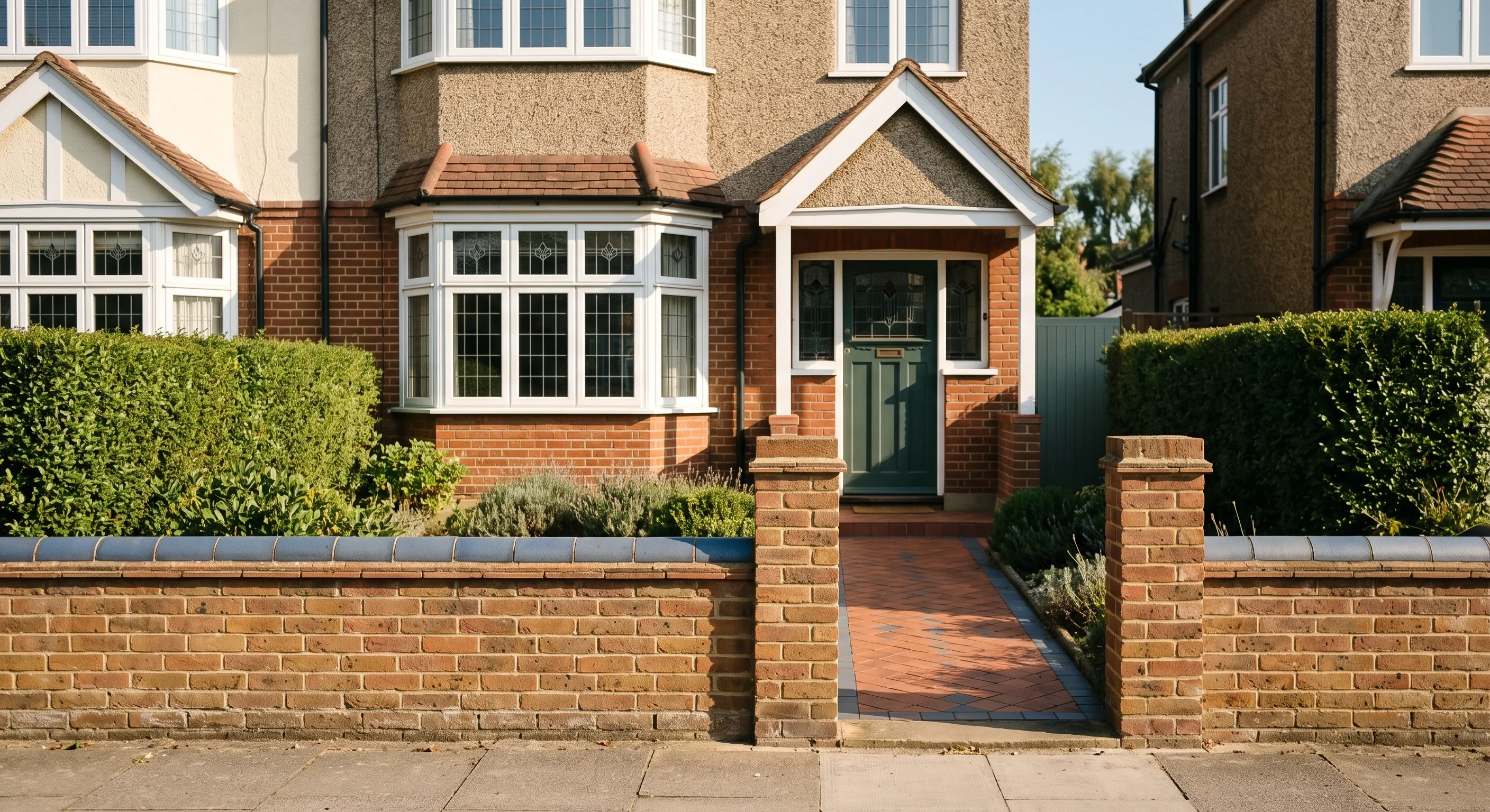 A low brick boundary wall with coping and a gate pier in front of a bay fronted London semi, lit from one side in morning light.