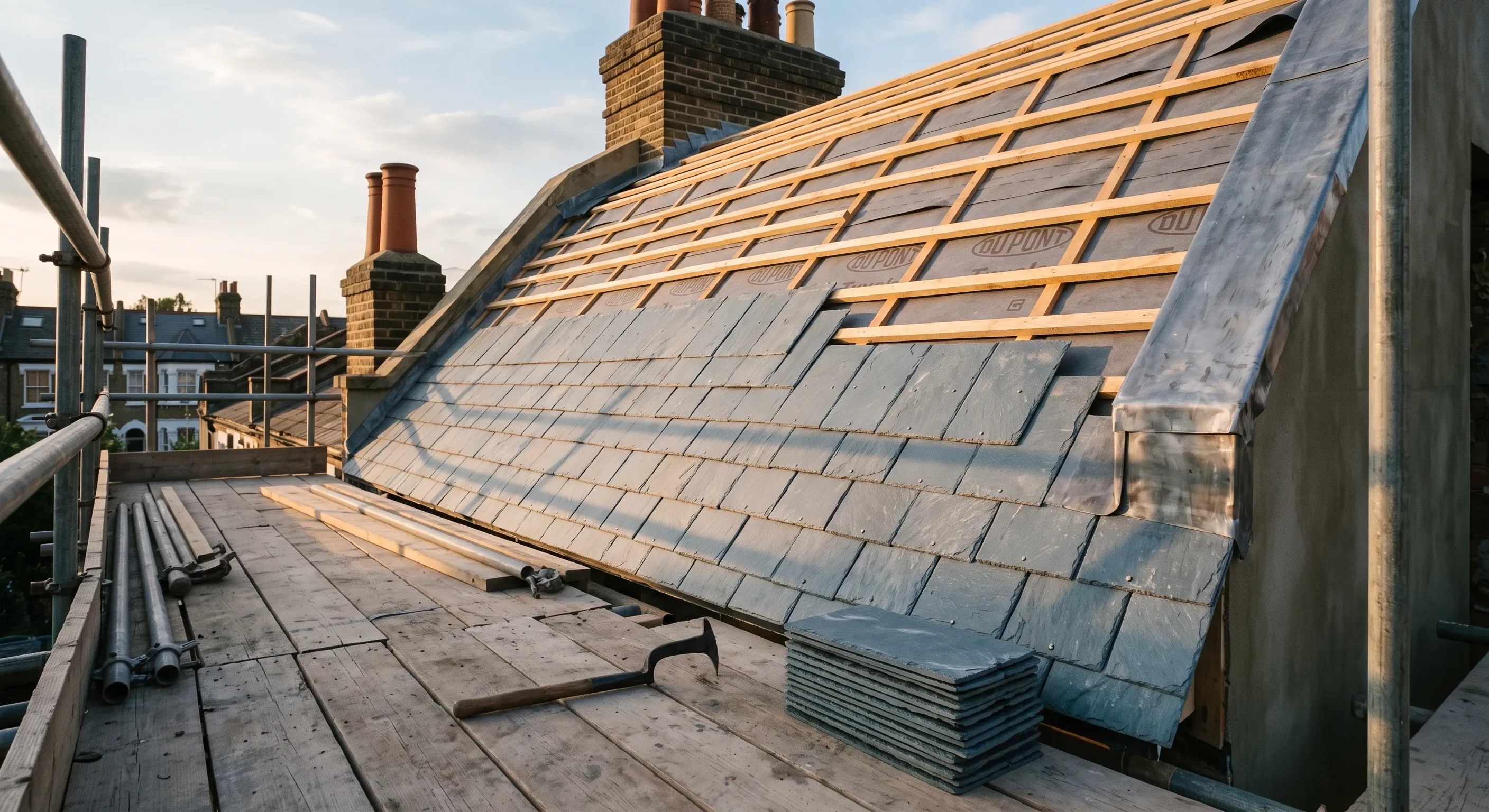 Slate courses being laid on the steep slope of a mansard roof, seen from the scaffold.