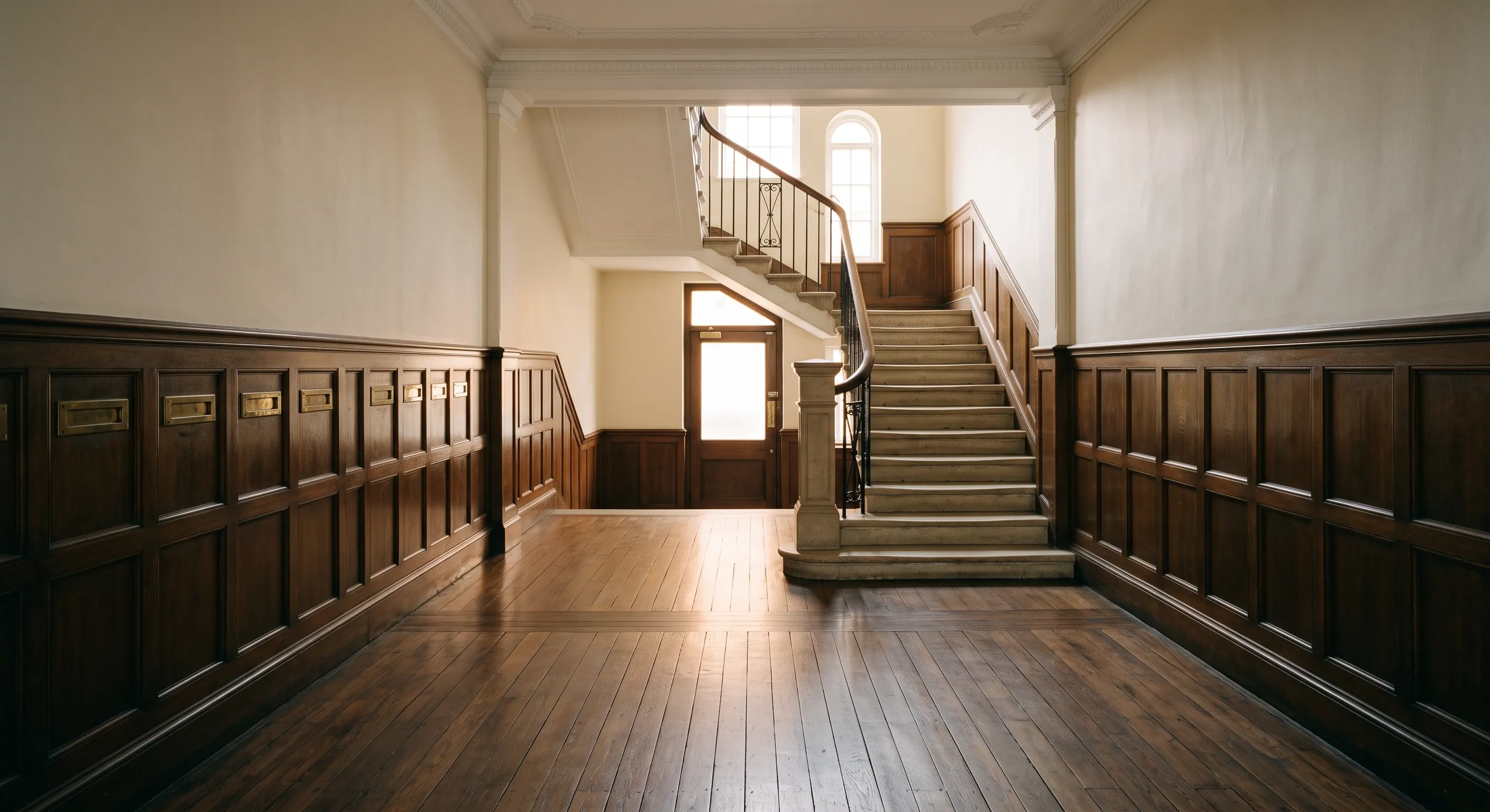 An empty mansion block communal hall with a straight run of timber flooring leading to a stone staircase lit from a stair window.