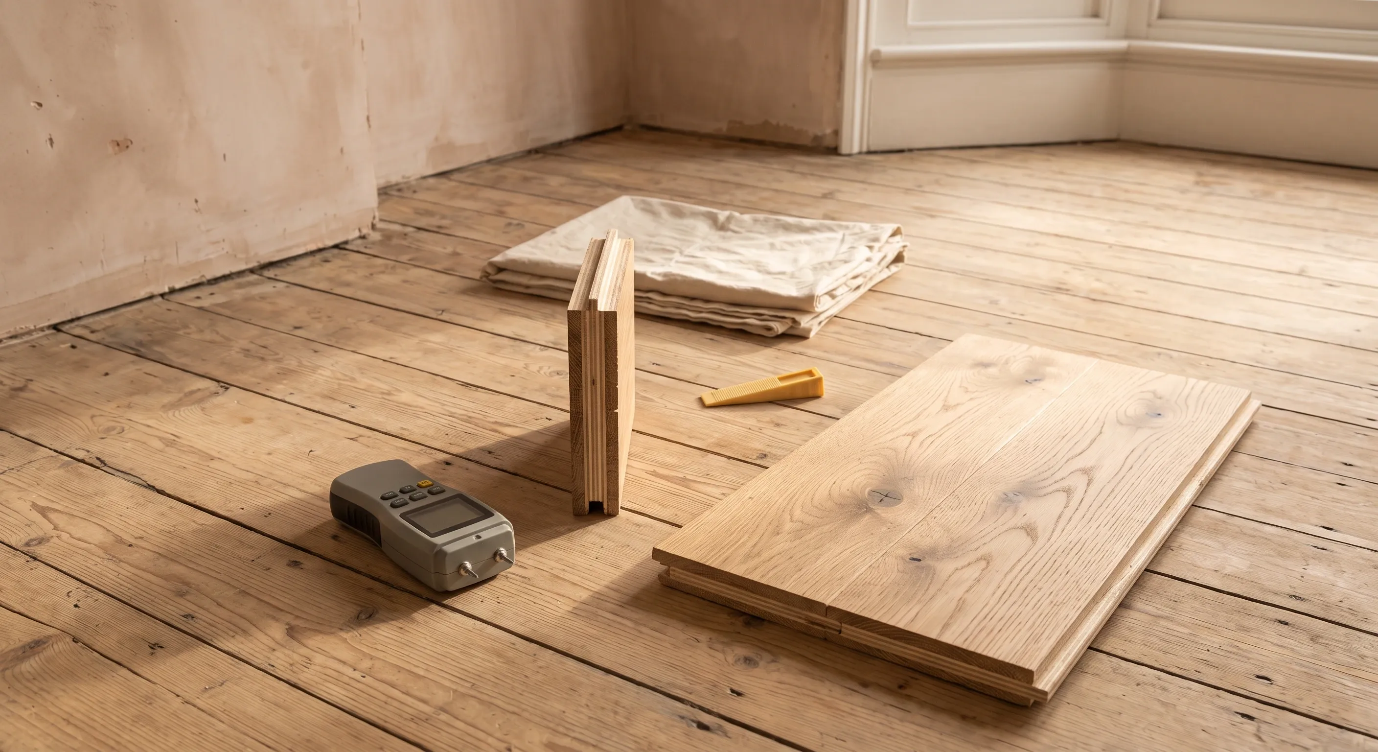 A moisture meter, an engineered oak board offcut showing its wear layer in section and an expansion spacer resting on a swept bare subfloor.