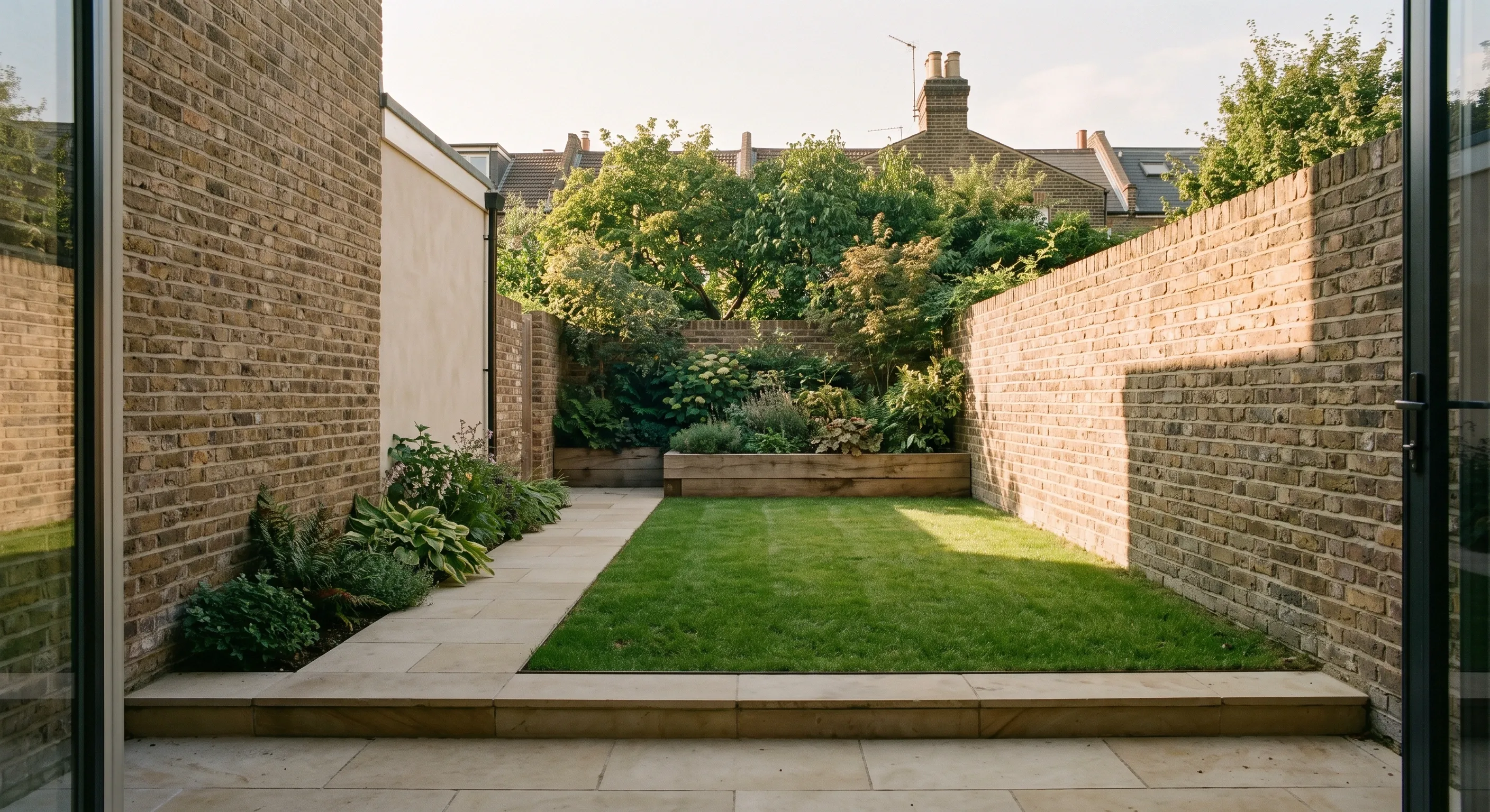 A long narrow walled garden behind a London house with stone paving, a lawn strip and a timber planter lit by low sun over the side wall.